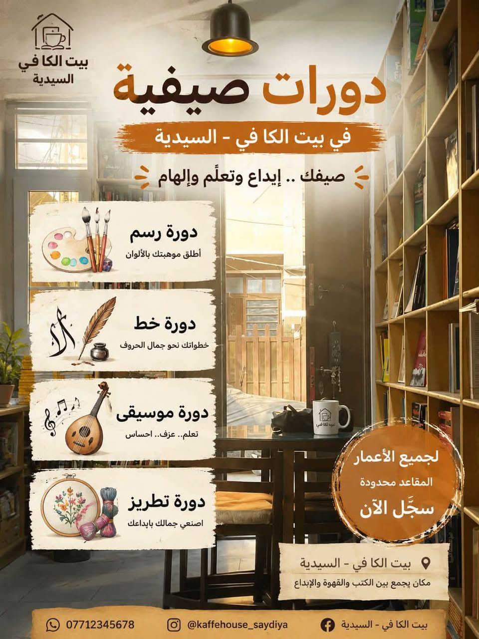 دورات الرسم والخط والموسيقى والتطريز وتعليم اللغات /انكليزي/تركي
السيدية/مربع تبوك/زقاق٥٣
***********
