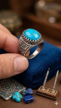 الحجر: فيروز طبيعي بلون أزرق سماوي صافي وجذاب. الصياغة: فضة عيار 925 (...
