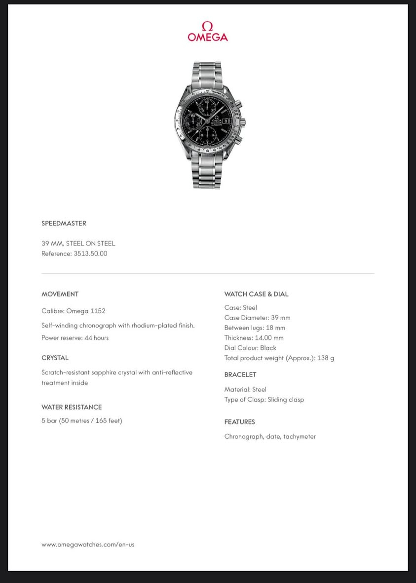 OMEGA SpeedMaster Date 🚀🪐 

▪️Reference 3513.50.00 موديل 
▪️Size: 39mm الحجم 
▪️Automatic Cal.1152 أوتوماتيك
▪️Sapphire Crystal جامة زفير
▪️Box & Papers كاملة المرفقات 

🚨 Price: 2,000$ USD - 1,420 JD 🚨

▪️ Worldwide shipping available after payment
‎يوجد شحن دولي بعد الدفع

COPYRIGHT NOTICE: We are not affiliated with any brand. All watches are original and pre-owned (used).

‎إشعار حقوق النشر: نحن لسنا تابعين لأي علامة تجارية، وجميع الساعات أصلية ومملوكة مسبقًا (مستعملة).

#omega #omegaspeedmaster #omegaspeedmastereduced #omegawatch #omegawatches 

Jarrah Collectibles ©️


**إذا كنت صاحب هذا الإعلان وتريد حذفه لأي سبب، رجاءا أرسل رسالة إلى الدعم الفني**