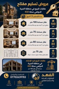 عقارات للبيع قيد الانشاء مساحات مختلفة ١٠٠ متر    🫴   يحتوي على ٥ غرف ...