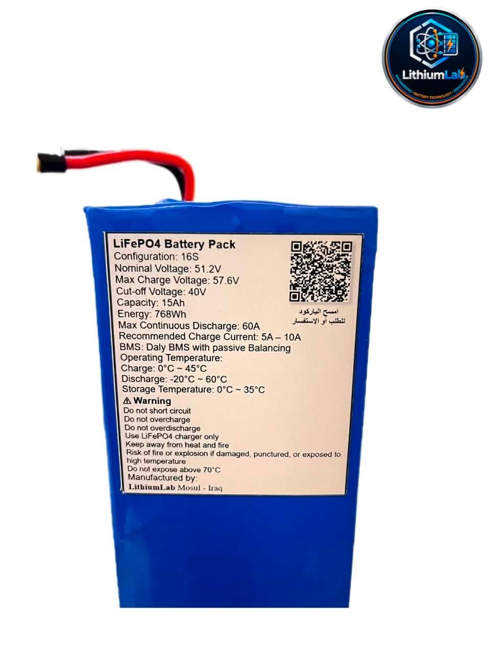 🔋 بطارية ليثيوم فوسفات الحديد (LiFePO4)
⚡ الجهد: 48 فولت
🪫 السعة: 15 أمبير/ساعة

نظام إدارة  الطاقة (Daly BMS with passive balance)
🚫 بدون بلوتوث

🔹 أقصى تيار تفريغ مستمر : 45 أمبير
🔹 نوع الخلايا: 32140 أسطوانية (Grade A)

الابعاد 
طول: 15.5سم
عرض: 8سم
ارتفاع: 30سم 
ضمان سنة صيانة من تاريخ الشراء 

💰 السعر:160الف 

يوجد توصيل 
داخل الموصل 3الاف
جميع المحافظات 6الاف 
📞 للتواصل والطلب:
مراسلة الصفحة أو الاتصال على:
***********

📍 الموقع:
الموصل/حي الشيماء قرب افران الايمان
