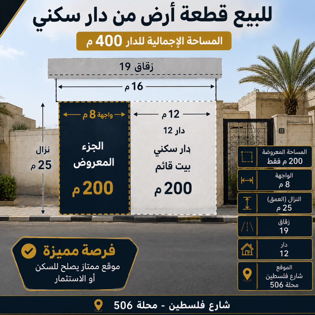 للبيع قطع من دار 200 م واجه 8 نزال 25
شارع فلسطين محله 506 زقاق 19 دار 12 كهرباء خصخصه 24 ساعه سعر المتر 4250000 قابل للتفاوض ***********
‭0770 887 8872‬
كم السعر المطلوب وهل قابل للتفاوض؟: 
850000000 قابل للتفاوض
هل يوجد أي مشاكل قانونية أو إجرائية على الأرض؟: 
لا
ما هي الخدمات القريبة من الموقع وكيف يمكن الوصول إليها؟: 
كل شي متوفر وكهرباء خصخصة 24 ساعه
هل تجري عملية بيع مع أي رسوم إضافية؟: 
لا
ما هي تطلعاتك حول استخدام المشتري للأرض؟ سكن أم استثمار؟: 
سكن او استثمار 