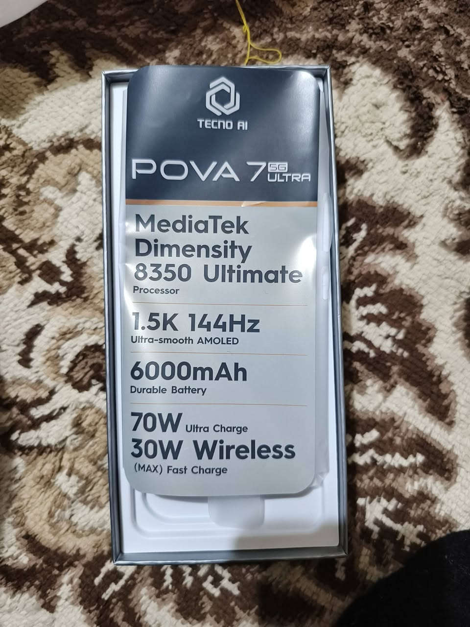 سلام عليكم
جهاز تكنو بوڤا 7 الترا 
ذاكره 256 رام داخلي 12+12=24
شاحنه 70 واط 
بالنسبه للالعاب لعبه ببجي يشغلها 120 فريم بدون اي تگطيع جهاز تاخذه من باب البيت استعمال مال بيت مكاني حي النداء 
سعره 320 تواصل واتساب او اتصال *********** تحياتي
