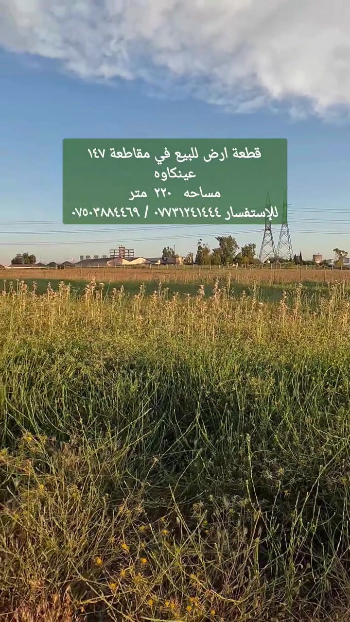 ■ قطعة ارض للبيع مقاطعة ١٤٧ عينكاوه
■ مساحه ٢٢٠ م قرب الكنيسه
@■ للإستفسار  ***********/ ***********
