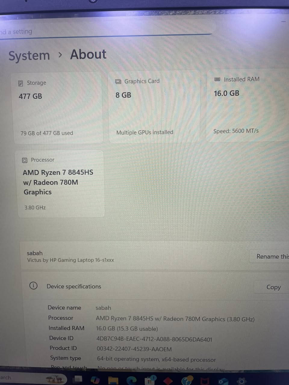 HP victus
razn7 8845hs
ram 16G 
ssd 512G 
rtx 4070  8G 
144hz  15inch 
نضافه 100‎%‎ اخت الجديده 
السعر : 1،350،000
بغداد المنصور 
***********
