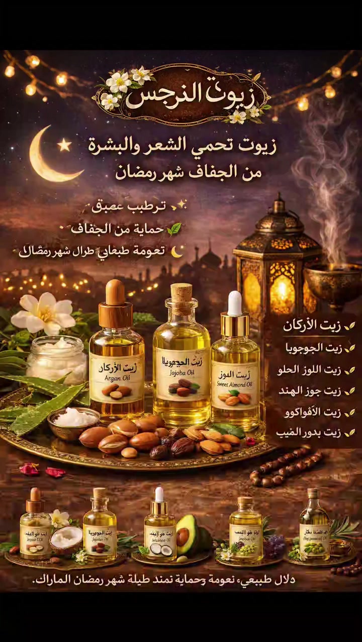 "🌿 رمضان كريم! 
حافظي على ترطيب شعرك وبشرتك طوال الشهر المبارك مع زيوتنا الطبيعية!
🫒 زيوت الترطيب العميق لدينا:
 زيت الأركان: يرطب ويغذي الشعر والبشرة 
 زيت الجوجوبا: يمنع الجفاف ويضيف نعومة 
 زيت اللوز الحلو: يغذي ويحمى الشعر والبشرة 
 زيت جوز الهند: يرطب ويضيف لمعان طبيعي 
 زيت الأفوكادو: يغذي ويحمى من الجفاف 
 زيت بذور العنب: يرطب ويضيف نعومة 
 زيت الزيتون البِكر: يغذي ويحمى الشعر والبشرة 
ترطيب عميق ✨ حماية من الجفاف 🌿 نعومة ولمعان طبيعي طوال شهر رمضان 🌙
هل تريدين تجربة هذه الزيوت الطبيعية لشعر وبشرة رطبة ومشرقة في رمضان؟ 
حابة أحجز لك العرض قبل النفاذ؟
#رمضان_كريم 
#زيوت_طبيعية_للشعر_والبشرة 
#ترطيب_عميق 
#حماية_من_الجفاف 
#جمال_طبيعي_في_رمضان"


**إذا كنت صاحب هذا الإعلان وتريد حذفه لأي سبب، رجاءا أرسل رسالة إلى الدعم الفني**