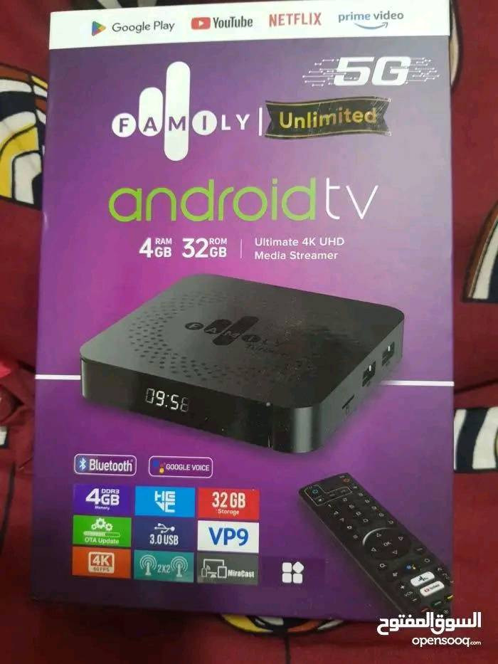 هذا صندوق تلفزيون يعمل بنظام Android TV من Family Box.
يعمل بنظام التشغيل Android TV.

يدعم دقة 4K UHD.

ذاكرة وصول عشوائي (RAM) سعة 4 جيجابايت ومساحة تخزين 32 جيجابايت.

يدعم تقنية 5G و Bluetooth و VP9.

يتيح الوصول إلى متجر Google Play وتطبيقات البث مثل Netflix و YouTube.

المكان بغداد السعر 

85 الف 

مراسله واتساب ***********
