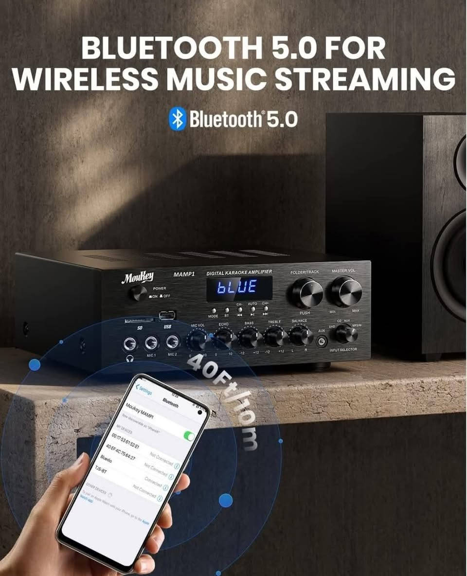 أجهزة استقبال ستيريو من Moukey مزودة بتقنية بلوتوث 5.0، نظام مكبر صوت ستيريو بقوة 400 واط، 2.0 قناة، مزود بمنفذ USB، وSD، وAUX، وRCA، ومدخل ميكروفون مع Echo، ومصباح LED للكاريوكي، ومكبرات صوت المسرح المنزلي - MAMP1 وسماعات ويا ٦٠ واط  لكل سماعه الجهاز غير مستخدم جديد سعر للكل ويا التوصيل ١٥٠ الف


**إذا كنت صاحب هذا الإعلان وتريد حذفه لأي سبب، رجاءا أرسل رسالة إلى الدعم الفني**