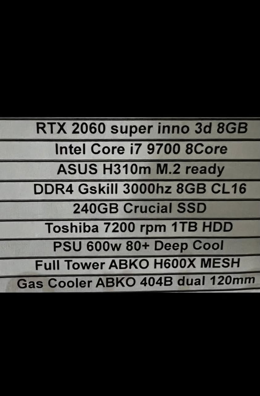 🖥️ للبيع أو المراوس (PC Gaming احترافي - مواصفات قوية)
الجهاز نظيف جداً واستخدام راقي، مجهز لتشغيل أقوى الألعاب الحديثة وبرامج التصميم والمونتاج بسلاسة عالية.
⚙️ المواصفات التقنية:
• كرت الشاشة: NVIDIA RTX 2060 Super Inno3D (8GB GDDR6) - كرت قوي جداً يدعم التتبع الضوئي و DLSS.
• المعالج: Intel Core i7-9700 (8 Cores) - أداء جبار في الألعاب والمهام المتعددة.
• المذربورد: ASUS H310M M.2 Ready.
• الرام: 16GB DDR4 G.Skill 3000Hz (أداء سريع ومستقر).
• التخزين (السرعة): 240GB Crucial SSD (لإقلاع الويندوز والبرامج بلمح البصر).
• التخزين (المساحة): 1TB HDD Toshiba 7200rpm (للألعاب والملفات الكبيرة).
• المبرد: Gas Cooler ABKO 404B dual 120mm (تبريد هوائي ممتاز وهادئ).
• باور سبلاي: 600W 80+ Deep Cool (طاقة كافية وآمنة).
• الكيس: Full Tower ABKO H600X MESH (تصميم عصري، تهوية ممتازة، وإضاءة RGB مميزة).

السعر 670 الف 

المراوس: متاح المراوس مع لابتوب قيمنق (بشرط كرت شاشة RTX 3060 فما فوق مع دفع الفرق أو حسب الاتفاق).

📍 الموقع: [بغداد ]


**إذا كنت صاحب هذا الإعلان وتريد حذفه لأي سبب، رجاءا أرسل رسالة إلى الدعم الفني**
