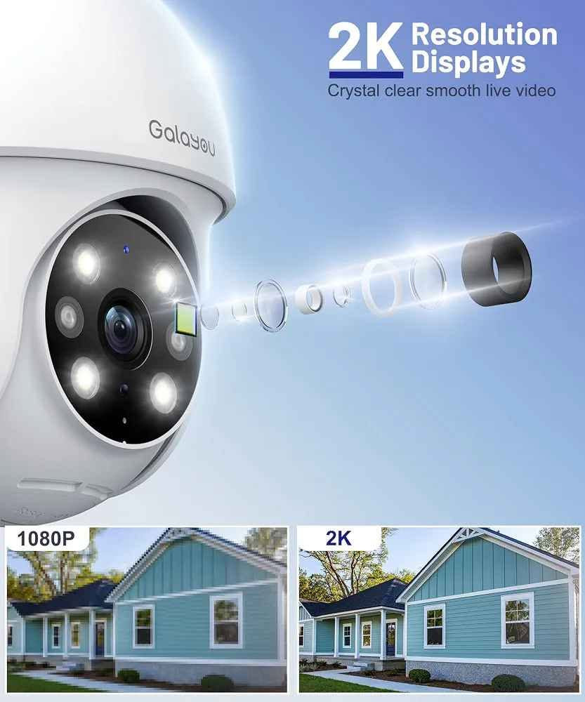 GALAYOU 2K Security Camera Outdoor, 360° CCTV Camera, Home Security WiFi Camera with Color Night Vision, Pan-Tilt View, App Notification, 2-Way Audio Y4
Amazon's Choice

Top highlights
Recommended uses for productOutdoor Security, Home Security, CCTV
BrandGALAYOU
Model nameY4
Connectivity technologyWired
Special feature
Local Recording, Night Vision, Night Vision & 24/7 recording system & Motion Sensor, PTZ TechnologyLocal Recording, Night Vision, Night Vision & 24/7 recording system & Motion Sensor, PTZ Technology
See more
Indoor/Outdoor usageOutdoor
Ultra Clear 2K Image & Pan Tilt View: With 2K resolution, GALAYOU outdoor security camera provides you with super clear day & night vision. This home security camera ​feature a 335° horizontal and 90° vertical rotation range which providing you with 360° all-round protection. Note: ONLY works with 2.4Ghz WiFi and needs to be connected with power
Three Night Vision Modes & Alarm Siren: Three night vision modes for your choice: Infrared mode, full-color mode, and alarmed mode. You can set the CCTV camera's floodlight to turn on when a moving object is detected in the dark, and set the camera's siren on when it detects motion, to scare away uninvited guests at home, driveway, hallway, or back door
Smart Motion Tracking & Real-Time Alerts: The Wi‑Fi surveillance camera features smart motion tracking and intelligent recognition. The lens of this cctv camera follows moving objects to ensure critical moments are always recorded, while human detection helps reduce false alerts caused by rain, leaves, or passing animals. If an intrusion is detected, the LED light, siren, and instant push notification are triggered simultaneously
Two-way Audio & Multi-user Access: Equipped with a built-in microphone & speaker that allows you to talk and listen to your baby or pet. Our app allows you to create several family accounts and share the dome cameras with your family and friends. This PTZ camera also supports RTSP
Optional Continous TF Card & Cloud Storage: This WiFi security camera system supports continuous recording, giving you the flexibility to store footage exactly the way you want. Use a TF card (up to 128GB, not included) for local storage with no monthly fees. Alternatively, choose optional cloud storage to keep your recordings safe even if the house security camera is damaged or stolen. Either way, your home enjoys 24/7 protection
See less
Product specifications
Additional details
Item details
Connectivity
Power
Video Quality
Video
Camera Optics
Night Vision
Measurements
Warranty
Other Special Features of the Product Local Recording, Night Vision, Night Vision & 24/7 recording system & Motion Sensor, PTZ Technology
Indoor Outdoor Usage Outdoor
Compatible Devices Alexa
Controller Type Amazon Alexa, Google Assistant
Mount Type Ceiling/wall mounting
Colour White
Form Factor Dome
Installation Type Screw In
Material Plastic
Water Resistance Level Waterproof
Shape Dome
Alert Type Motion Only
Room Type Hallway, Garage, Back Door, Kitchen, Living Room
Light Source Infrared / LED
Effective Still Resolution 3 MP
Waterproof Rating IP65
Rear Webcam Resolution 3 MP
Control Method App
Product image gallery السليمانية, العراق


**إذا كنت صاحب هذا الإعلان وتريد حذفه لأي سبب، رجاءا أرسل رسالة إلى الدعم الفني**