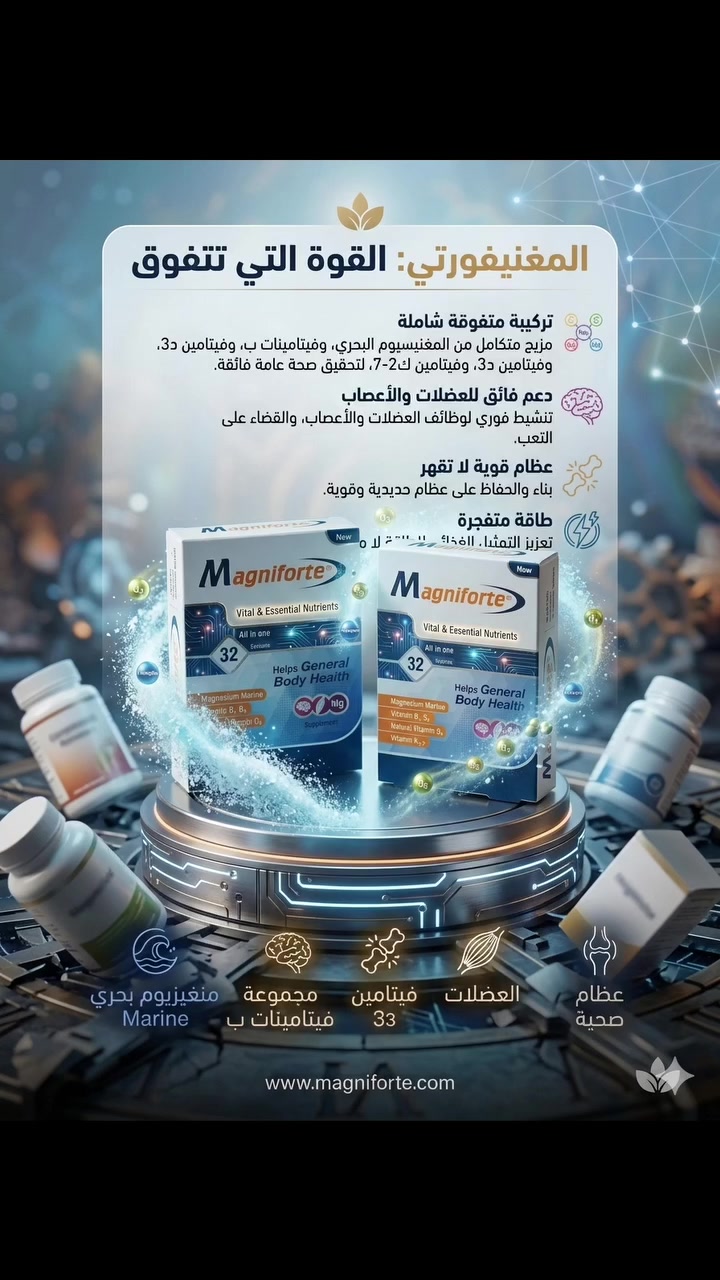 هل تبحث عن سر الصحة المتكاملة والنشاط الذي لا يقل؟ الحل أصبح بين يديك في حزمة واحدة متكاملة! 😉
نقدم لك **مغنيفورتي (Magniforte)** – المزيج الذكي والفريد المصمم خصيصاً ليدعم جسمك من الداخل وينعكس على حركتك وحيويتك في الخارج.
### ✨ لماذا مغنيفورتي هو خيارك الأفضل؟
 * **ماغنيسيوم بحري (Magnesium Marine):** لراحة عضلاتك، وتقليل الإجهاد، ودعم جهازك العصبي.
 * **فيتامينات B_1 و B_6:** لشحن طاقة جسمك ودعم التركيز وصحة الدماغ.
 * **فيتامين D_3 الطبيعي مع K_2-7:** التوليفة السحرية لامتصاص مثالي للكالسيوم، مما يضمن لك عظاماً قوية ومفاصل مرنة.
### 💪 كبسولة واحدة.. فوائد لا تحصى:
 * 🧠 **صحة الدماغ والتركيز**
 * 🦴 **عظام قوية ومفاصل سليمة**
 * ⚡ **طاقة متجددة طوال اليوم**
 * 🏋️‍♂️ **دعم وحماية العضلات**
> **صحتك العامة في حزمة واحدة.. لأنك تستحق أن تشع حيوية كل يوم!*


**إذا كنت صاحب هذا الإعلان وتريد حذفه لأي سبب، رجاءا أرسل رسالة إلى الدعم الفني**