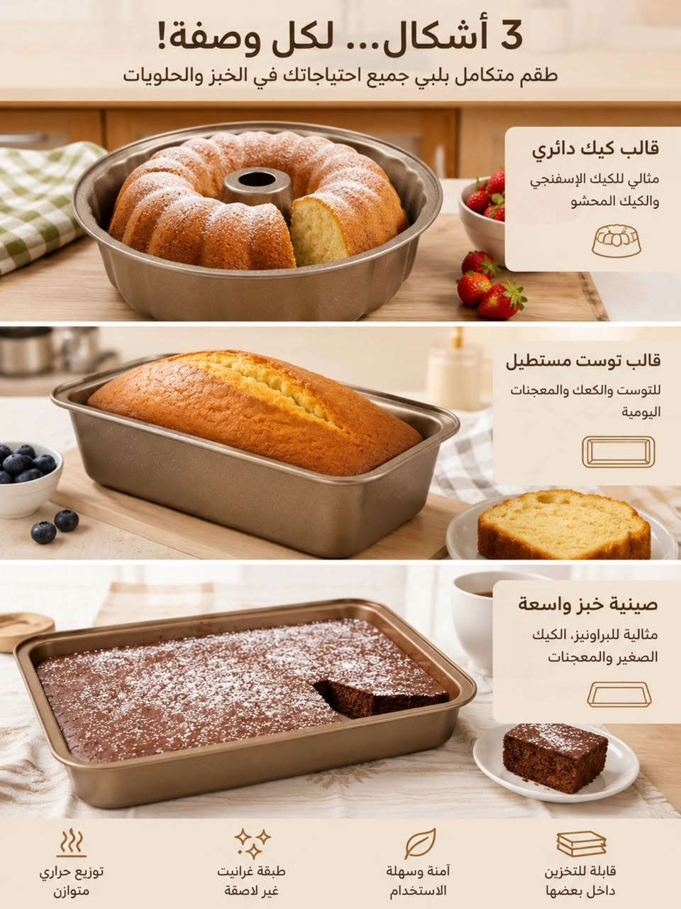 ✨ خلي مخبوزاتج تطلع بشكل احترافي وفخم مع طقم قوالب الخبز والكيك الغرانيت 🧁🍞

طقم متكامل من 3 قطع بتصميم برونزي ملكي أنيق ✨
مثالي للكيك، التوست، البراونيز والمعجنات، مع طبقة غير لاصقة وتوزيع حراري متوازن حتى يضمنلج نتائج مثالية بكل مرة 😍

✅ جودة عالية
✅ سهل التنظيف
✅ يوفر مساحة بالتخزين
✅ مناسب لكل أنواع الخَبز والحلويات

🚚 التوصيل مجاني لجميع مناطق العراق
📲 للطلب والاستفسار واتساب: ***********

#قوالب_كيك #ادوات_مطبخ #مخبوزات #كيك #العراق
