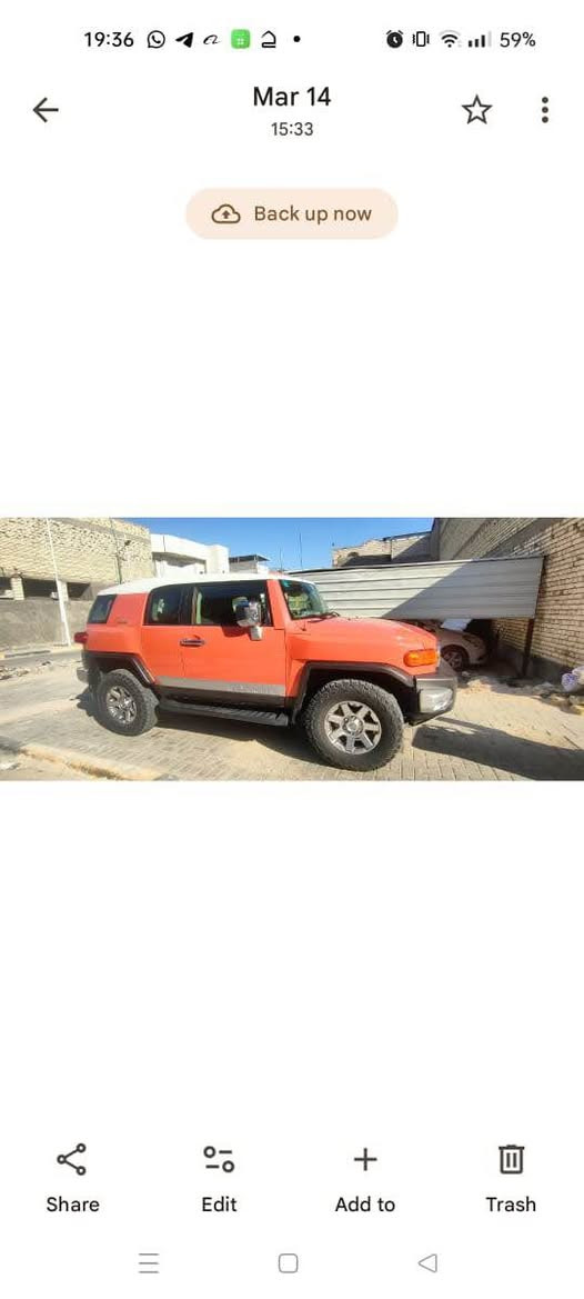 السلام عليكم 
تيوتا FJ 
رقم بغداد تحويل يوم ثاني باسمي 
موديل 2014
ماشية 110 الف كيلو 
وكالة الفطيم 
دبل تانكي
سيستم صوت JBL
تحكم ستيرن 
تحكم مرايات 
حساسات خلفيه 
نظام 
دفلوك
تراكشن 
كاميرا خلفية
السيارة مكفولة وجاهزة مغلفه ppf 0773 033 9113
*********** البصرة, العراق
