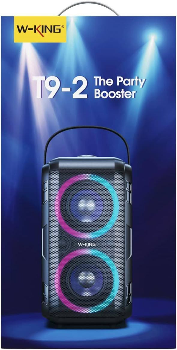 مكبر صوت محمول من إنتاج شركة W-KING، وتحديداً الموديل T9-2، المعروف أيضاً باسم "The Party Booster". 
Amazon.ae
Amazon.ae
 +1
المميزات والمواصفات الرئيسية:
قوة الصوت: يتمتع بقدرة خرج تصل إلى 80 واط، ويوفر صوتاً قوياً يصل إلى 105 ديسيبل بفضل تقنية DSP المدمجة.
الاتصال: يدعم تقنية Bluetooth 5.3 لاتصال سريع ومستقر، بالإضافة إلى خيارات تشغيل عبر بطاقة TF، ومنفذ USB، ومدخل AUX.
الإضاءة: مزود بأضواء RGB ديناميكية (ديسكو) ملونة بسبعة أوضاع مختلفة تتزامن مع الموسيقى لخلق أجواء احتفالية.
البطارية: يحتوي على بطارية بسعة 10000 مللي أمبير إلى 12000 مللي أمبير (حسب الإصدار)، مما يوفر ساعات طويلة من التشغيل المستمر.
ميزات إضافية: يدعم خاصية TWS التي تتيح ربط مكبري صوت معاً للحصول على صوت ستيريو مزدوج. 
Amazon.ae
Amazon.ae
 +2
معلومات إضافية:
يأتي بتصميم متين مع مقبض لسهولة الحمل، مما يجعله مناسباً للحفلات الخارجية والمناسبات.
يتميز بوجود زر دوار مخصص للتحكم في مستوى "الباس" (Bass) لتخصيص الصوت حسب الرغبة. 
Amazon.ae
Amazon.ae
 +1


**إذا كنت صاحب هذا الإعلان وتريد حذفه لأي سبب، رجاءا أرسل رسالة إلى الدعم الفني**