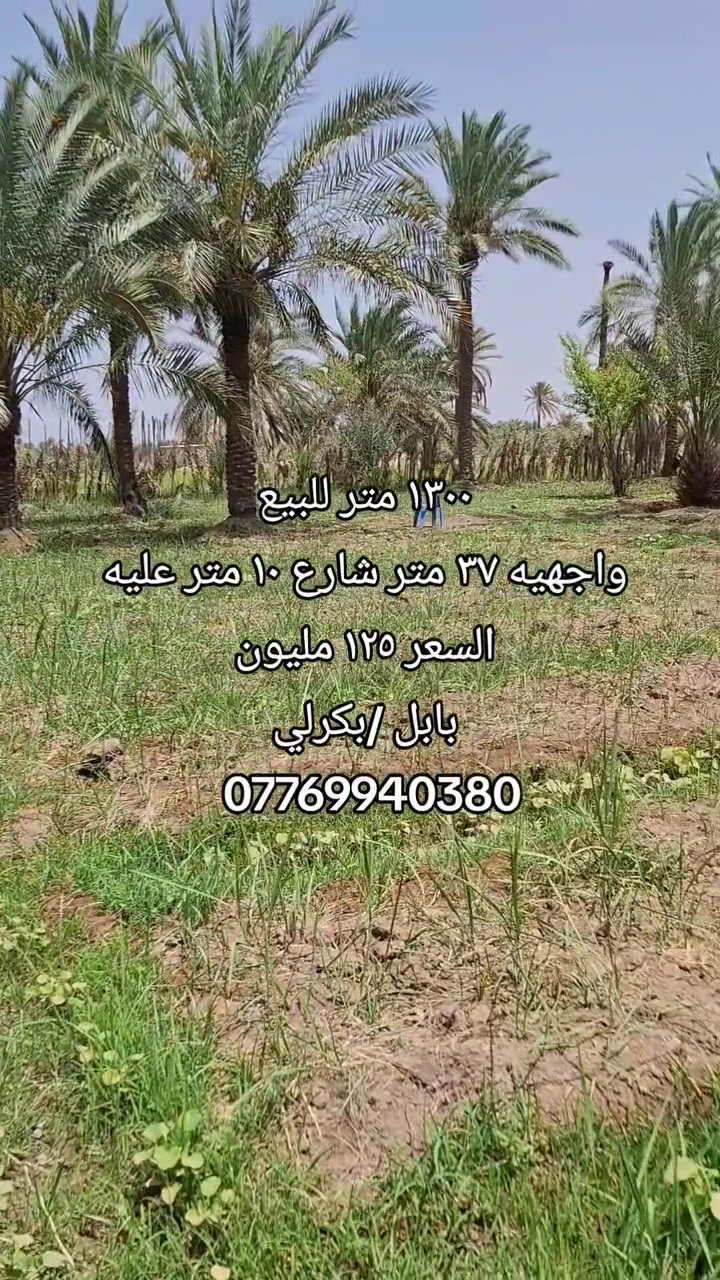 للبيع 《فرصه سكنيه استثماريه 》
السلام عليكم  
تم توفير ارض طابو  زراعي سند 25
المساحه      : 1300متر مربع 
واجهيه.      : 37 متر 
صنف العقار : طابو  زراعي سند 25 
الخدمات.    : خدمات كامله   《 ماء وكهرباء  شارع 10 م 》
#الموقع. .  : بابل / بكرلي /فرع قرب جامع سلمان المحمدي ع 
#ملاحظه.  : منطقه حلوه ومرتبه ذات توسع مستمر (تقسيمات سكنيه بالمنطقه)
#السعر.      :125 مليون .
#ملاحظه.  : خدمات متوفره ماء كهرباء تبليط  قريب   (الشراي الحقيقي اتصل وبخدمتك)
للاستفسار الاتصال على الارقام التاليه:
*********** اتصال + واتساب 
*********** اتصال + واتساب
 #بابل_بكرلي

