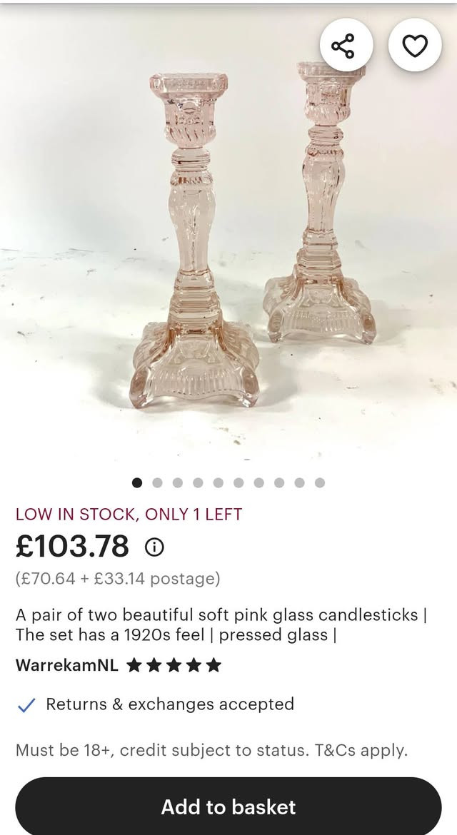 زوج من الشمعدانات الجميلة باللون الوردي الفاتح مع علبه
زجاج او كرستال مضغوط انتاج قديم التفاصيل بالفيديو والصور 🌹🌹


**إذا كنت صاحب هذا الإعلان وتريد حذفه لأي سبب، رجاءا أرسل رسالة إلى الدعم الفني**