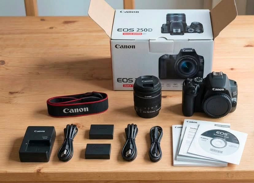 📸 للبيع: كاميرا Canon 250D (بحالة ممتازة)
كاميرا احترافية غنية عن التعريف، خفيفة الوزن ومثالية جداً لتصوير الصور، الفيديو، وصناع المحتوى.
⚡ أهم المواصفات:
 الدقة: 24.1 ميجابكسل (صور فائقة الوضوح).
 الفيديو: تدعم تصوير 4K وفيديو ناعم بدقة Full HD (60fps).
 الشاشة: شاشة لمس متحركة بالكامل (ممتازة للفلوغات والسيلفي).
 الفوكس: نظام Dual Pixel سريع جداً مع ميزة تتبع العين والوجه.
 المميزات: تحتوي على Wi-Fi و Bluetooth لنقل الصور فوراً لهاتفك.
📦 الملحقات وحالة الكاميرا:
 الكاميرا نظيفة جداً (استخدام خفيف وبحالة شبه جديدة).
 تأتي مع عدسة الكيت الأساسية 18-55mm (تُركّز على الأهداف من بُعد 25 سم).
 الملحقات: البطارية والشاحن الأصلي، الحزام، والكرتونة.

(***********)

