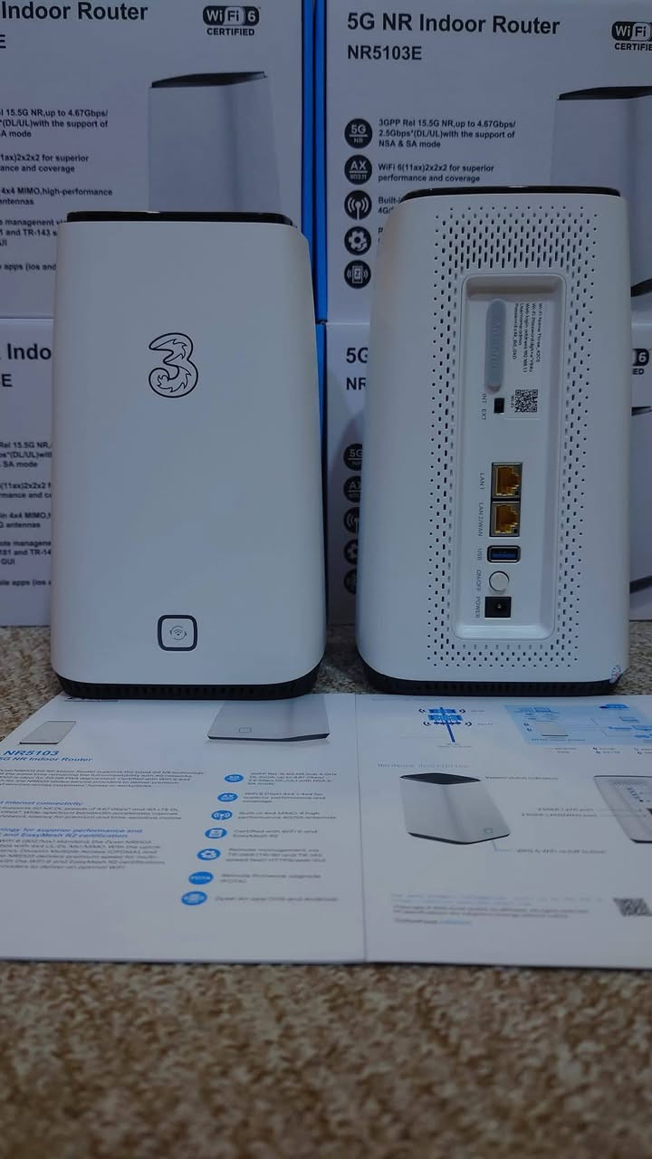 راوتر مستخدم
ZYXEL
 NR5103E cat19
Wifi 6
4.67Gbps 5G EE

شبكتين واي فاي 2.4 و 5.8
واي فاي 6
ممكن  ربط لحد 64user
منافذ انتينا عدد 4 ts9 
ويعمل كاروتر شبكات أخرى مثل الجزيرة ايرث لنك وضوئي مع راوتر تيبي لنك 4g ال تي  دمج شبكتين في آن واحد من البرج  
السعر راوتر زيكسل  ٢٢٥ الف وسعر راوتر تيبي لنك ٦٠ الف متواجد زعفرانية رقم الهاتف ***********
