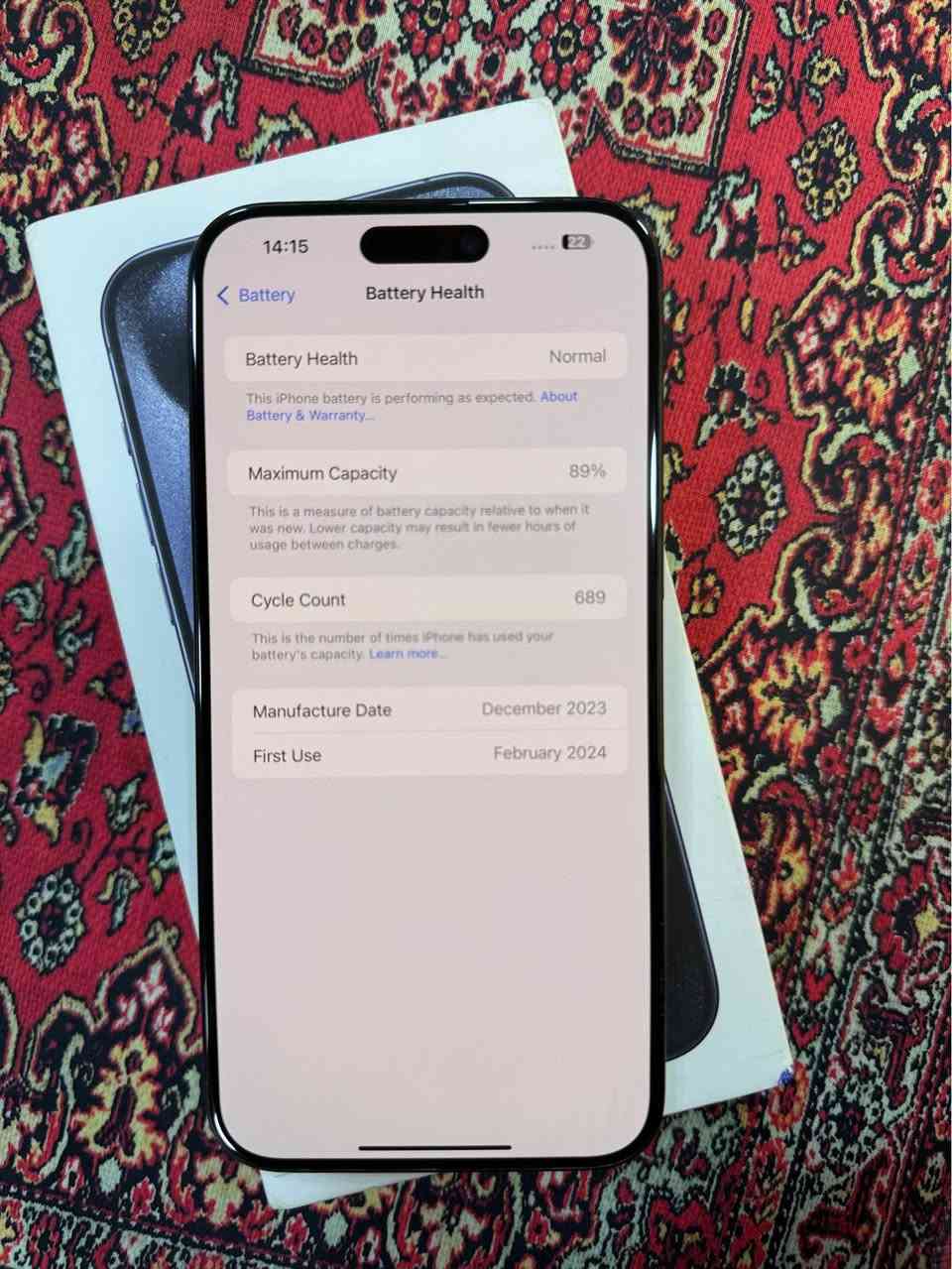 iphone 15 promax   📱
 256   gb💾
 89 battery  🔋
face id✅
735  $ qfl 🔐
1075   hazar💵
موبایلەکە بەریتانیە هی ئێرە نیە و زۆۆر خاوێنە
کارتۆن بیلادی ماوە 
تکایە سعرەکەی معامەلەی نیە 
هەموو شتێکی بیلادە و نەکراوەیە
زەمانی هەموو شتێکی هەیە

سلێمانی پشت بازاڕی جەوازەکە ـتەنیشت شیرینی ژیر-گەیاندن بۆهەموو  کوردستان  بەردەستە 
 *********** السليمانية, العراق
