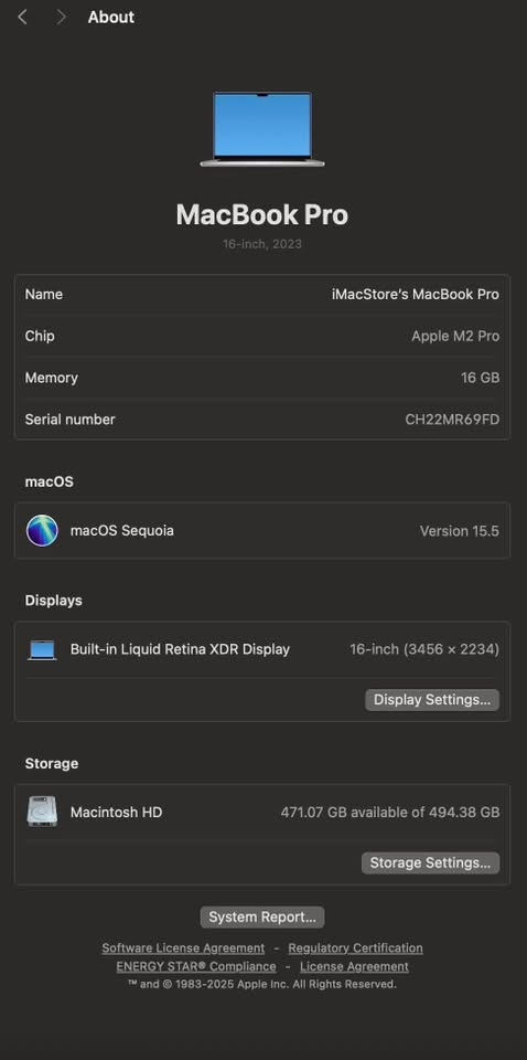 Macbook pro m2 pro 16 inch
رام 16
هارد 512
مشحونة 40 مرة فقط 
وياها فقط شاحنها الاصلي
نظافة 100 
واتس ***********
