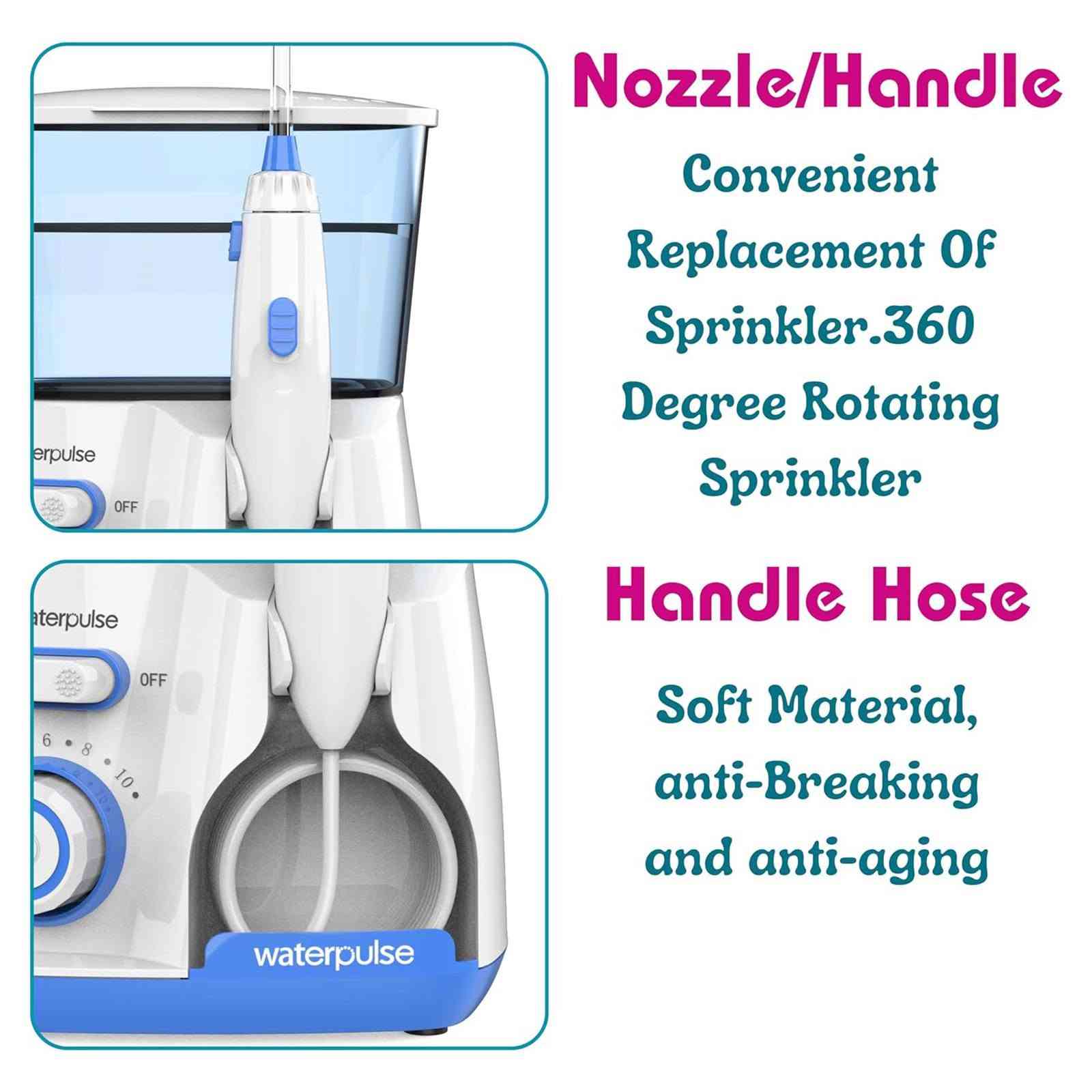 الجهاز الموضح في المنطقة المحددة هو جهاز الخيط المائي وتنظيف الأسنان واللثة بالماء Waterpulse Home Use Water Flosser (موديل V300). [1, 2]
يُستخدم هذا الجهاز المنزلي لضخ المياه بنبضات مضغوطة لتنظيف الفراغات بين الأسنان وتحت خط اللثة بفعالية تفوق الخيط التقليدي. 

#المواصفات_والميزات_الرئيسية

#سعة_خزان_المياه: يتسع لـ 800 مل مما يوفر فترة استخدام طويلة دون الحاجة لإعادة التعبئة المستمرة.

#رؤوس_وفوهات_متعددة: يأتي مع 5 رؤوس مخصصة (تشمل رؤوس كلاسيكية، رأس لتنظيف اللسان، ورأس للعناية باللثة وجيوب الأسنان).

#مستويات_الضغط: يحتوي على 10 مستويات قابلة للتعديل للتحكم في قوة ضخ المياه (من 20 إلى 120 PSI) لتناسب الأسنان الحساسة والتنظيف العميق.

#التوافق_الكهربائي: يدعم الجهد الكهربائي العالمي (Universal Voltage 100-240V). 

#جديد لوك بالجيس بالكارتونه غير مستخدم بضاعة أمازون DHL وليس تجاري.

#توجد خدمة توصيل للمحافظات كافة.


**إذا كنت صاحب هذا الإعلان وتريد حذفه لأي سبب، رجاءا أرسل رسالة إلى الدعم الفني**