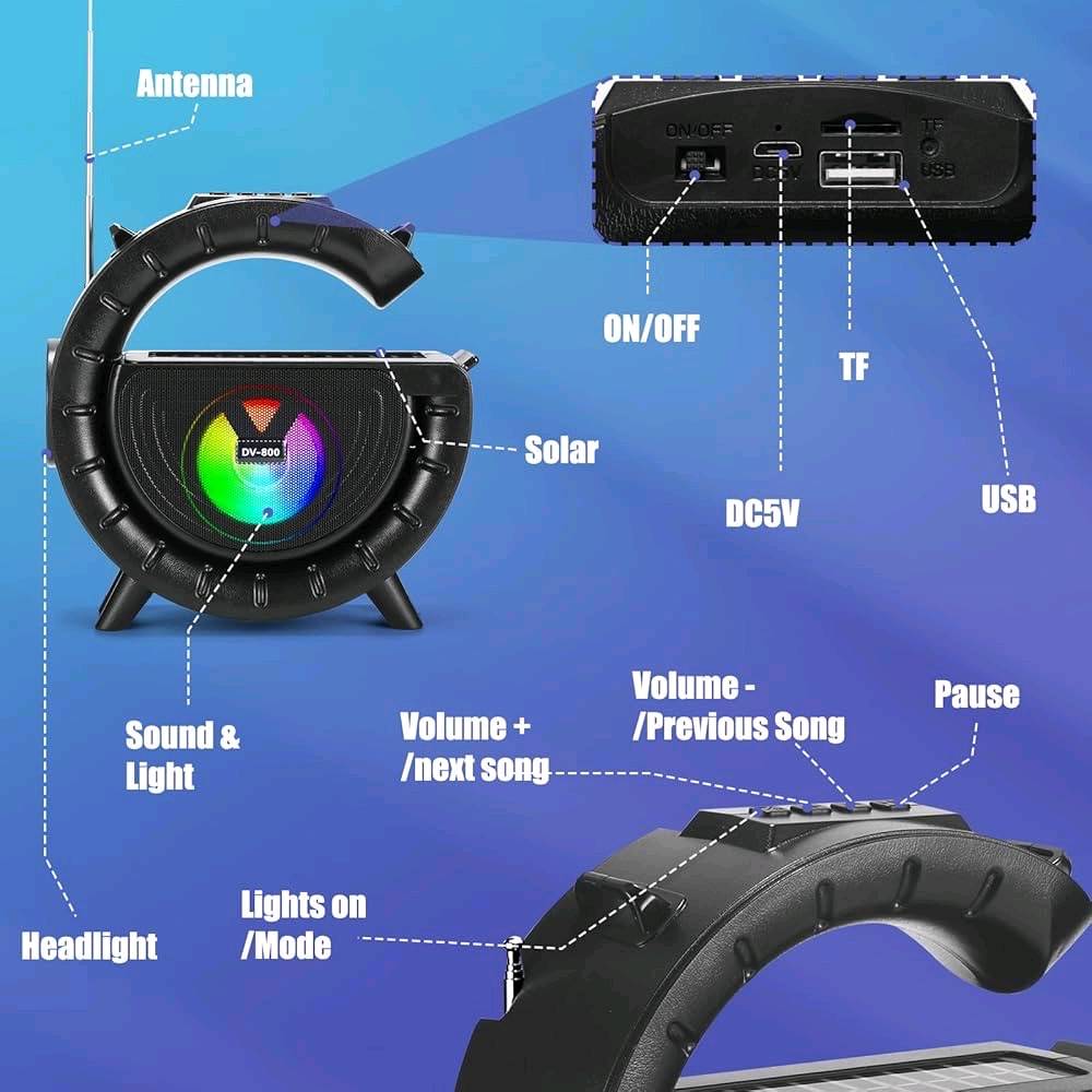 مديل DV - 800

- يتم شحنه عن طريق الكهرباء والطاقة الشمسية 

- يمتلك لوحة شحن شمسية لضمان امداده بالطاقة دون انقطاع

- يتميز بمصباح يدوي LED قوي ذات مدى 100 متر

- خاصية الراديو FM

- يأتي مع حزام 

- ستاند حامل للهاتف 

- اضاءة ملونة من الداخل 

- يدعم  USB و TF-card

- قياسات السبيكر :  203 * 75 * 205 mm

- مسافة الاتصال: 10 متر
ما هي مدة تشغيل البطارية بالساعات؟: 
الشحن على الطاقه الشمسيه 
هل توفر توصيل ضمن بغداد؟: 
نعم
هل هناك ضمان على المنتج؟: 
نعم يوجد ضمان