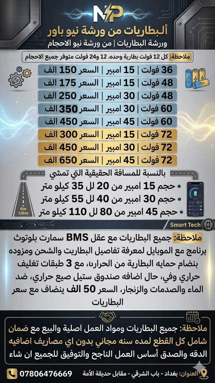 🔋🛵ورشه نيو باور تقدم لكم🛵🔋
🔋🛵ورشه نيو باور تقدم لكم🛵🔋 
بطاريات ليثيوم فوسفات الحديد لجميع 
 انواع الدراجات  عمرها طويل اكثر من 
5 سنوات انته مرتاح من البطارية العاديه
 الي كل سنه اتبدلهن  بها نضام حمايه
    ذكي بلوتوث ونضام لمعرفة الشحن

    ♦️♦️♦️♦️انتباه ♦️♦️♦️♦️
  راح أقدم الكم عرض  الاول من نوعه
 في العراق تاخذ البطاريه لمده اسبوع
 اذا ما عجبتك كفائتها  من ناحية الشلعه   
    والمعدل والمسافه المقطوعة تكدر
          ترجعها وتأخذ فلوسك  

      🪙ضمان حقيقي لمدة سنه🪙 
   الأسعار مذكوره داخل صور المنشور 
  
       موقع الورشه بغداد باب الشرقي 
     ☎️واتس اب ***********☎️
     تتوفر خدمة التوصيل لكل العراق

