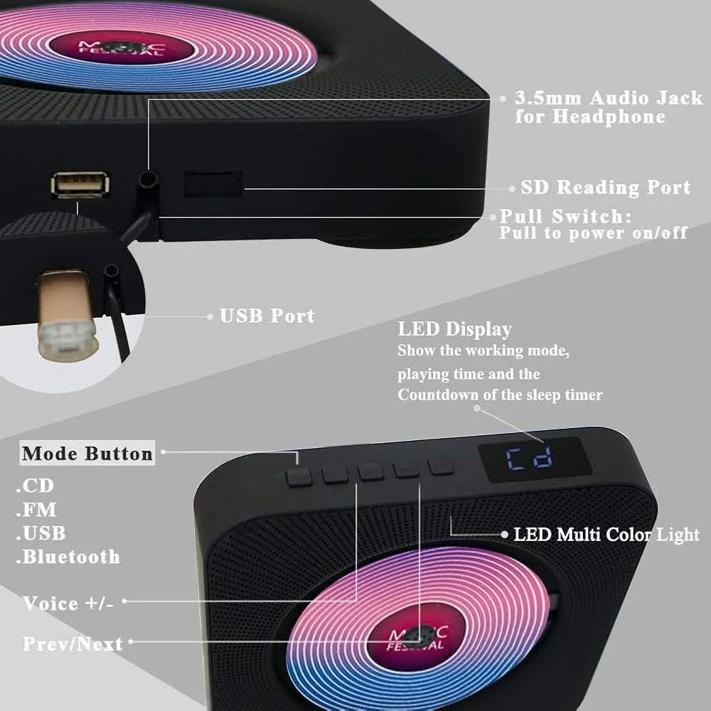 مشغل أقراص مضغوطة (CD Player) محمول من علامات تجارية مثل Jimwey أو Roadom، ويتميز بتصميمه الدائري باللون الأسود.يحتوي على مكبرات صوت HiFi مدمجة، ويدعم الاتصال اللاسلكي عبر البلوتوث للهواتف الذكية والأجهزة اللوحية وأجهزة الكمبيوتر.بالإضافة إلى تشغيل الأقراص المضغوطة، يشتمل الجهاز على وظائف راديو FM، ومشغل MP3 عبر منفذ USB، ومدخل AUX.


**إذا كنت صاحب هذا الإعلان وتريد حذفه لأي سبب، رجاءا أرسل رسالة إلى الدعم الفني**