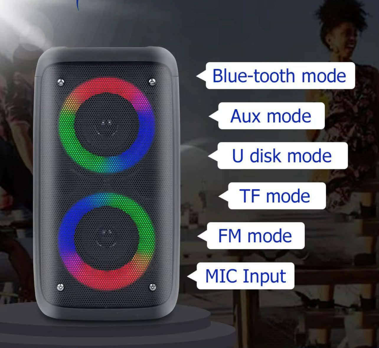 السلام عليكم
مكبر صوت محمول يعمل بتقنية البلوتوث مع ميكروفون وإضاءة RGB ملونة. [1]

المميزات: يشتمل على مضخم صوت مزدوج وإضاءة LED تتفاعل مع الموسيقى.

الاتصال: يدعم الاتصال عبر البلوتوث، ومنفذ USB، وبطاقة Micro SD، ومدخل AUX.

الاستخدام: مصمم للحفلات الخارجية، والكاريوكي، والاستخدام المنزلي السعر ٢٥ الف 
متوفر توصيل 
الحجز ع الخاص رقمك وعنوانك


**إذا كنت صاحب هذا الإعلان وتريد حذفه لأي سبب، رجاءا أرسل رسالة إلى الدعم الفني**
