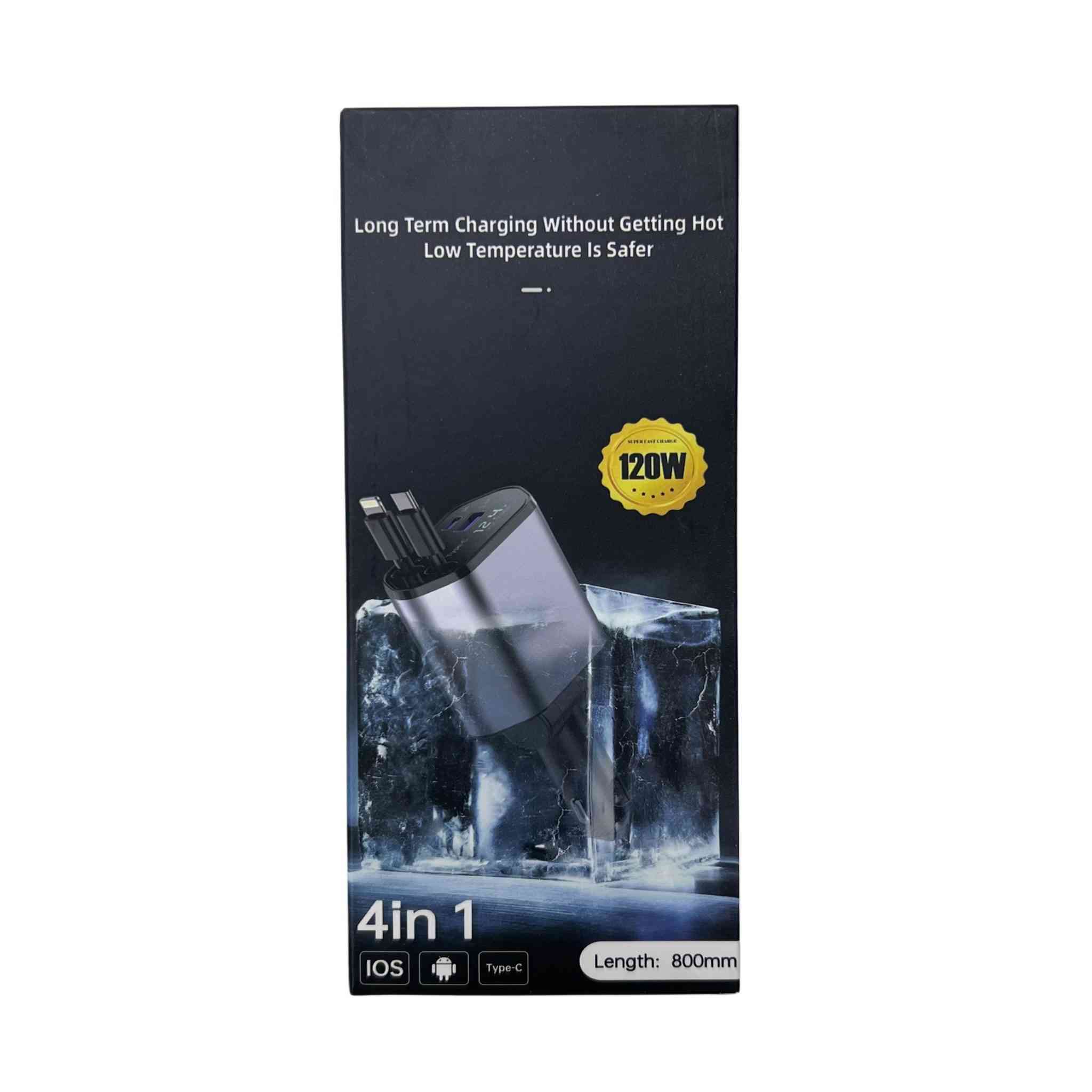 شاحن سيارة سريع 4 في 1 بكيبلات قابلة للسحب – قدرة حتى 120W
• شاحن سيارة عملي بتصميم ذكي 4 في 1 مزوّد بكيبلات قابلة للسحب، يتيح شحن عدة أجهزة بسهولة داخل السيارة مع تنظيم أفضل للأسلاك.

• 4 منافذ شحن في جهاز واحد
يدعم شحن عدة أجهزة بفضل وجود منافذ USB و Type-C بالإضافة إلى الكيبلات المدمجة.

• كيبلات شحن تلسكوبية قابلة للسحب
تصميم Retractable يساعد على تقليل الفوضى داخل السيارة مع إمكانية سحب وإرجاع الكيبل بسهولة.

• إمكانية شحن حتى 4 هواتف في نفس الوقت
مناسب للاستخدام العائلي أو أثناء السفر بفضل تعدد المنافذ والكيبلات.

• زاوية دوران حتى 180°
رأس الشاحن قابل للتعديل بحرية حتى 180 درجة لسهولة الاستخدام داخل منفذ السيارة.

• حماية مدمجة أثناء الشحن
مزود بحماية من التيار الزائد و الدوائر

 • النوع: شاحن سيارة 4 في 1
 • القدرة القصوى: 120W
 • طول الكيبل القابل للسحب: 800 مم
 • خرج iPhone: 5V / 2.4A
 • خرج USB: 5V / 2.4A
 • خرج Type-C: حتى 100W (Super Fast Charging)
 • خرج كيبل USB-C: 5V / 3A
 • الجهد المدخل: 12V – 24V
 • الأبعاد: 139 × 65 × 34.5 مم
 • المادة: ABS + PC
 • القدرة الاسمية: Max 120W


**إذا كنت صاحب هذا الإعلان وتريد حذفه لأي سبب، رجاءا أرسل رسالة إلى الدعم الفني**