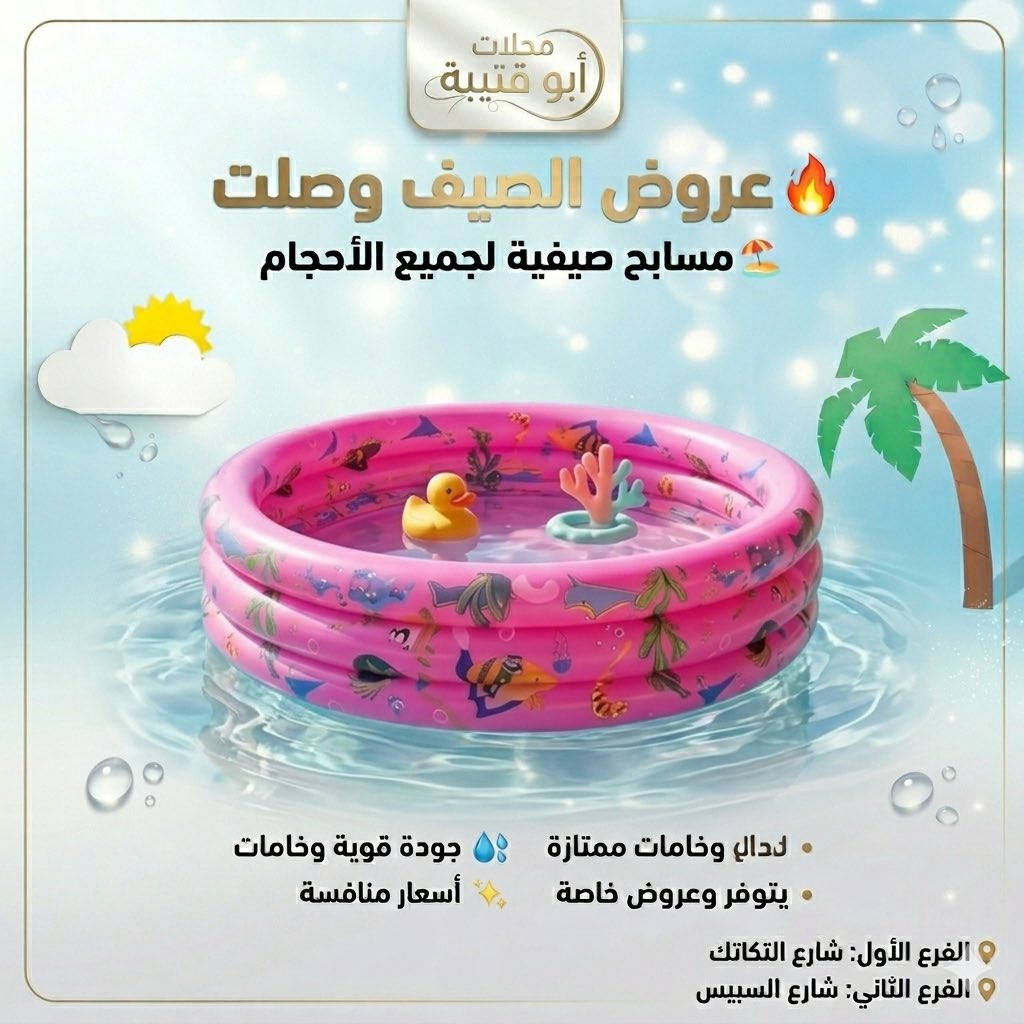🔥 الصيف غير ويانه 🔥

🏖️ وصلت تشكيلة المسابح الصيفية الجديدة  
أحجام وأنواع مختلفة تناسب الجميع 💦

✨ خامات قوية  
✨ أشكال عصرية  
✨ أسعار منافسة  
✨ مناسبـة للبيت والحديقة

خلي صيفكم أبرد وأحلى 😍☀️

📍 محلات أبو قتيبة  
📍 الفرع الأول: بغداد الشعب – حي البساتين – شارع التكاتك  
📍 الفرع الثاني: شارع السبيس

#مسابح #صيفيات #عروض_الصيف #محلات_ابو_قتيبة #مستلزمات_صيفية #عروض #مسابح_صيفي


**إذا كنت صاحب هذا الإعلان وتريد حذفه لأي سبب، رجاءا أرسل رسالة إلى الدعم الفني**