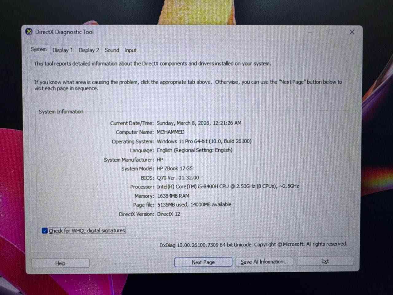 Hp zbook g5 17inch
Ram:16gb
CPU: i5 8400H (8 cpus)
Vga : Nvidia Quadro p2000 4gb
Vga2: intel hd 630 shared
Ssd: 1.5 tb nvme

التواصل :*********** بغداد, العراق
