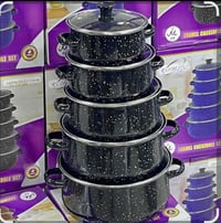 طقم قدور مينا • ٥ قطع • غطاء زجاجي