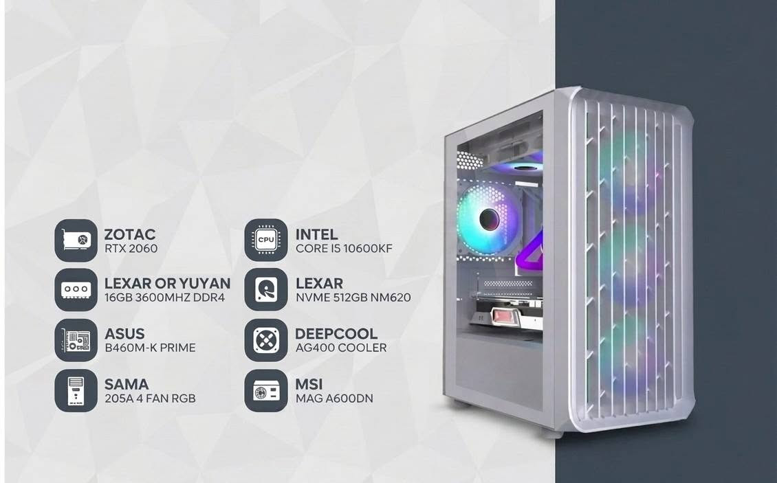 مواصفات الpc
(CPU): INTEL CORE I5 10600KF
​ (GPU): ZOTAC RTX 2060
​Motherboard: ASUS B460M-K PRIME
​ (RAM): LEXAR OR YUYAN 16GB 3600MHZ DDR4
​ (SSD): LEXAR NVME 512GB NM620
​CPU Cooler: DEEPCOOL AG400 COOLER
​PC Case: SAMA 205A 4 FAN RGB
​(PSU): MSI MAG A600DN
_______________________________________________
شاشة:
AOC 24G11E
الكيبورد والماوس هدية.
سعر التجميعة مع شاشة( 780الف)
لتفاصيل أكثر راسلني خاص.


**إذا كنت صاحب هذا الإعلان وتريد حذفه لأي سبب، رجاءا أرسل رسالة إلى الدعم الفني**