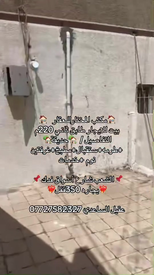 🏠مكتب المختارللـعقار   🏠                                      بيت للايجار طابق ثاني 220م                                                      التفاصيل /  🏡حديقة🏡+طرمه+ستقبال+مطبخ+غرفتين نوم +خدمات 
         
📌الشعب شارع أسواق فدك 📌                     ❤️‍🔥يجاره 350قفل❤️‍🔥
                                 
عقيل الساعدي ***********
