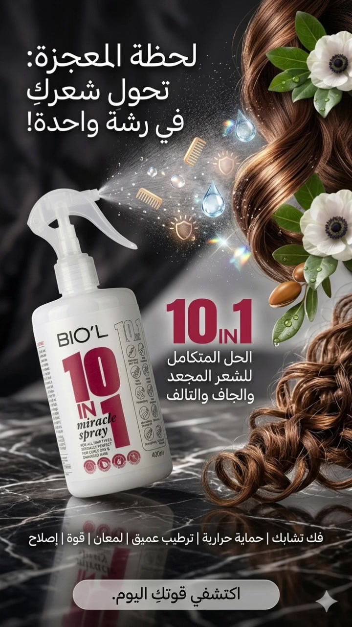 ✨ BIO’L 10 IN 1 Miracle Spray – بخاخ العناية المتكاملة للشعر بتركيبة متعددة الفوائد يمنح شعركِ ترطيباً عميقاً ولمعاناً صحياً مع حماية فعالة من التقصف والجفاف. مناسب لجميع أنواع الشعر، خاصة الشعر الجاف والمتضرر والمجعد، ليساعد على فك التشابك وتسهيل التصفيف دون إثقال الشعر.

💎 10 فوائد في عبوة واحدة: ✔️ ترطيب وتغذية مكثفة
✔️ تقليل الهيشان والتجعد
✔️ تقوية الشعر الضعيف والمتضرر
✔️ حماية من التقصف والتكسر
✔️ يمنح نعومة ولمعان طبيعي
✔️ يسهّل التصفيف وفك التشابك
✔️ مناسب للشعر الجاف والمجعد
✔️ يساعد على تحسين مظهر الشعر التالف
✔️ يمنح إحساساً بالخفة والانتعاش
✔️ عناية يومية سريعة وسهلة

🌸 طريقة الاستخدام: يُرش على شعر رطب أو جاف من منتصف الشعر حتى الأطراف، ثم يُصفف كالمعتاد دون حاجة للشطف.

شعر صحي، ناعم، وأكثر حيوية… بخطوة واحدة فقط! ✨


**إذا كنت صاحب هذا الإعلان وتريد حذفه لأي سبب، رجاءا أرسل رسالة إلى الدعم الفني**