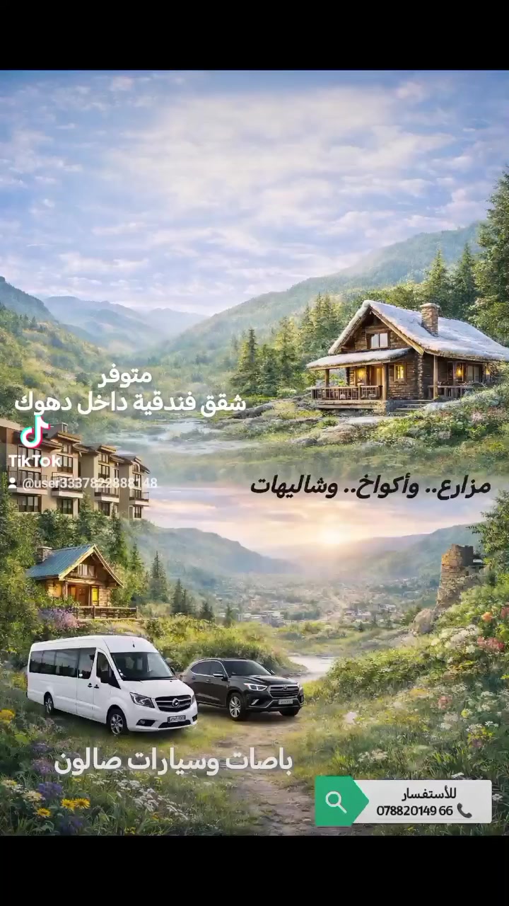 خطط رحلتك إلى #دهوك🌿
📞 اتصل علينا وأكيد راح تكون سفرتك أسهل وأجمل
#نوفرلكم :
▪️شقق فندقية داخل دهوك وقرب المصايف بكامل الخدمات
▪️مزارع وشاليهات وأكواخ بين أحضان الطبيعة الخلابة 🏞️
▪️سيارات حديثة تنقلكم وتتجول بيكم بكل بقعة بدهوك ووين تحبون
▪️دليل سياحي يرافقكم ويسهّل عليكم اكتشاف أجمل المواقع الطبيعية والأثرية

📱اتصلوا على الرقم *********** ، وأكيد سفرتكم ماراح تنسوها!
tiktok.com/@user3337822888148
