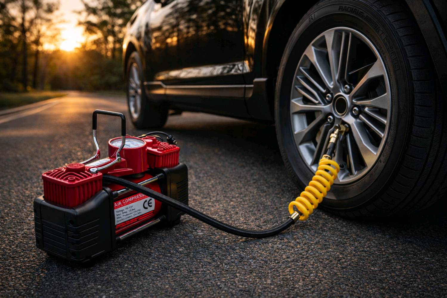 "إطارك فاضي؟ ما تحتاج كراج! 🚗"
"دائماً جاهز — كمبريسر بسيارتك! ⚡"
"150 PSI بولاعة السيارة — مو معقول! 💨"