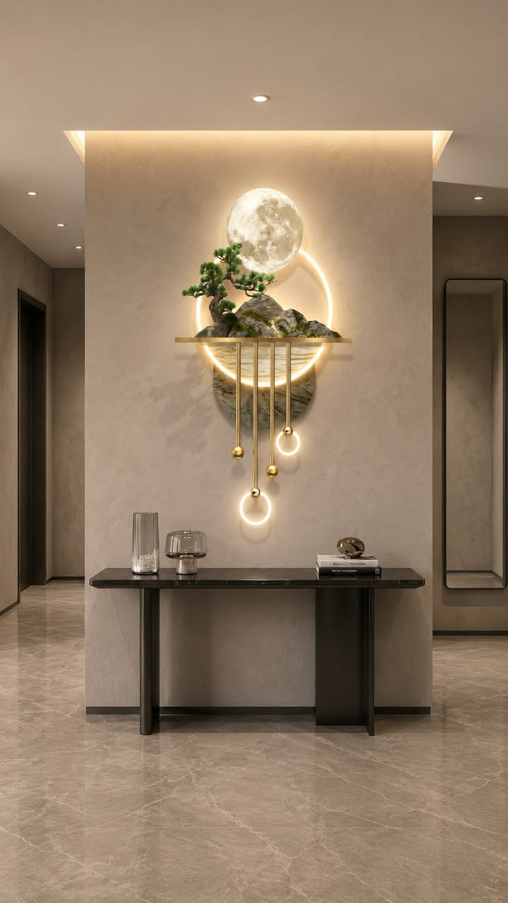 UNIQUE WALL ART: A stunning 3D wall decoration featuring a serene landscape with a bonsai tree, mountain, moon, and glowing LED ring accents in warm golden tones.
PREMIUM WOOD CONSTRUCTION: Crafted from quality wood material, this wall decor piece is sturdy, durable, and designed to complement any interior space beautifully.
ELEGANT LED LIGHTING: Features warm glowing LED ring lights and golden brass-finish hanging pendants that create a mesmerising ambient effect on your walls.
IDEAL FOR MULTIPLE SPACES: Perfect for living rooms, bedrooms, offices, and meditation spaces; adds a touch of artistic elegance and spiritual charm to any room.
EASY WALL MOUNTING: Designed for simple wall mounting, this decorative piece is ready to display and makes a thoughtful gift for housewarmings and special occasions. أربيل, العراق


**إذا كنت صاحب هذا الإعلان وتريد حذفه لأي سبب، رجاءا أرسل رسالة إلى الدعم الفني**