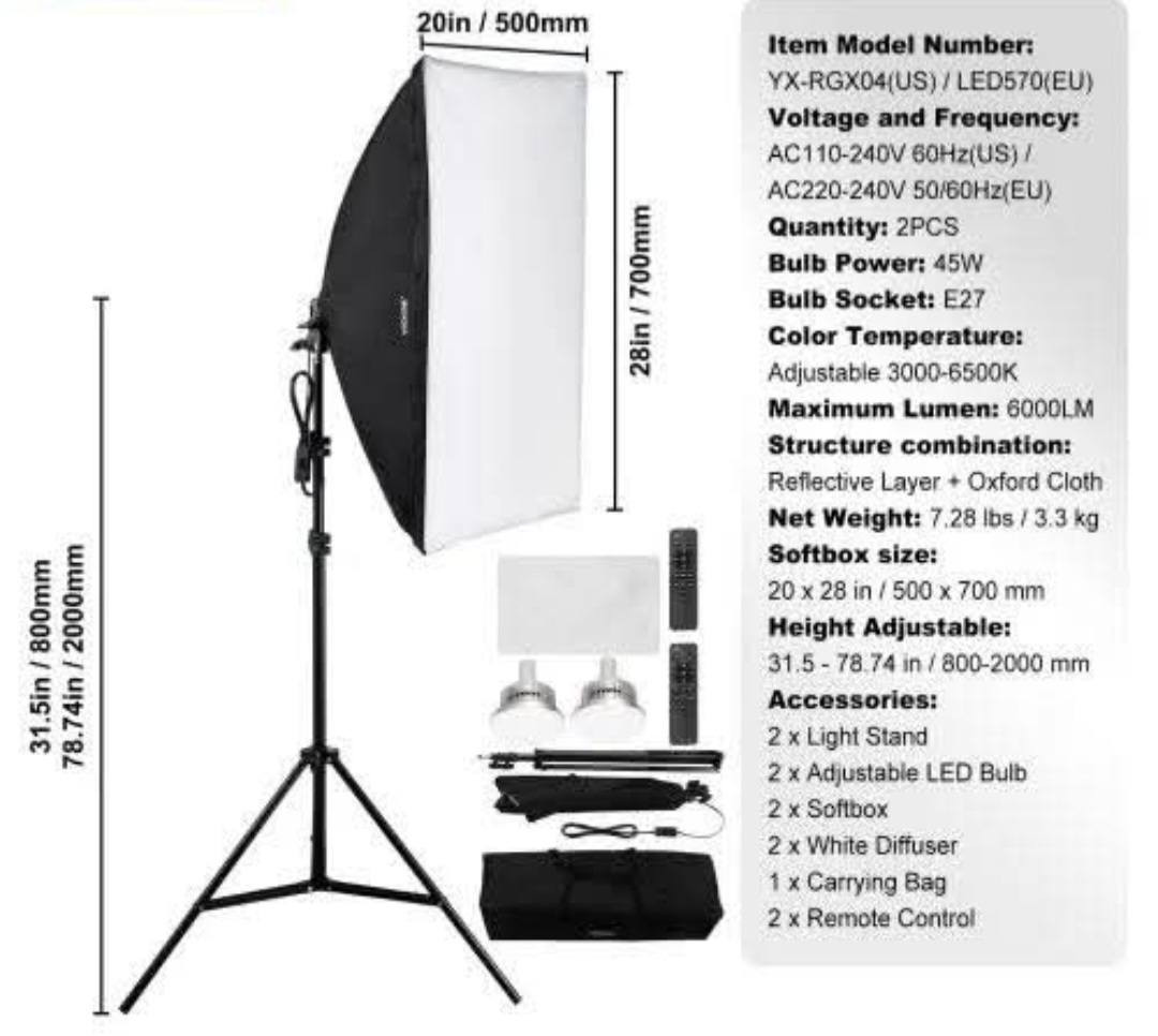 طقم إضاءة سوفت بوكس ​​قطعه  50×70 سم 
/، ٣٨٠ واط، 
مصباح LED 3000-6500 كلفن خاص للتصوير سينمائي 
ارتفاع الاستاند من ٦٨ سم الى ٢ متر،
مستعمل قليل 
السعر ٣٥ الف💐
مدينه الصدر  ***********
