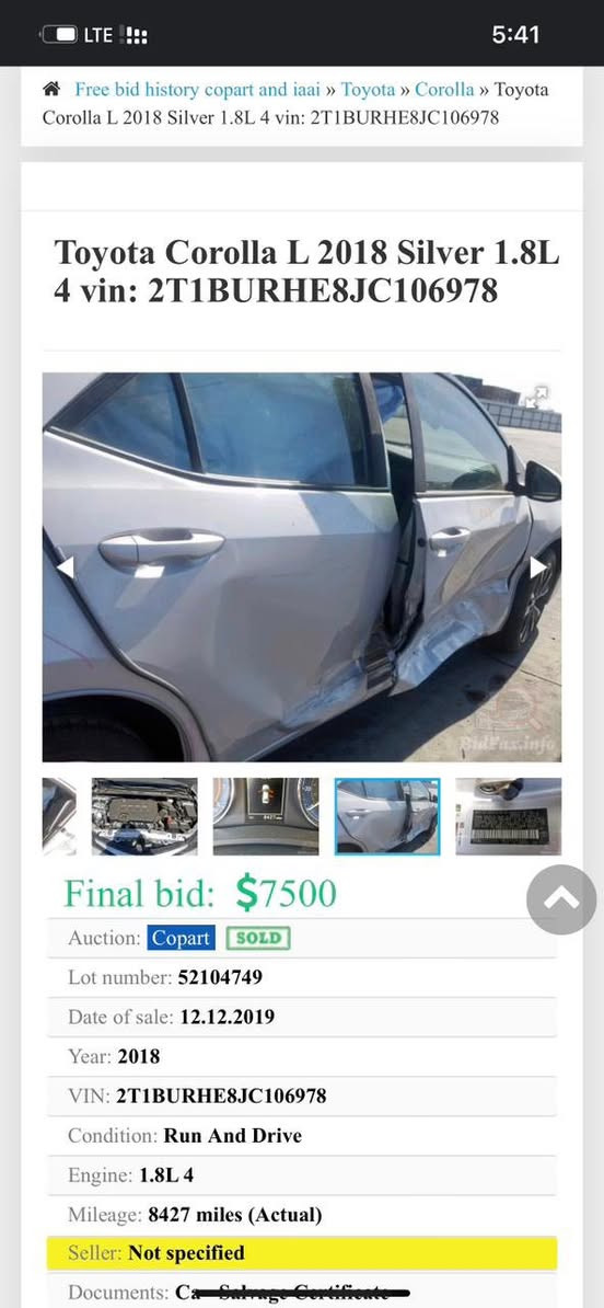 السلام عليكم
كورلة للبيع موديل 2018
ماشية 200 الف 
موصفات se 
صور الحادث بالمنشور
وبيها رصعات بالدوسة 
حادث السيارة بابين مثل ما بالصور
السعر  146 وبيها مجال
العنوان بغداد
رقم الهاتف  ***********
