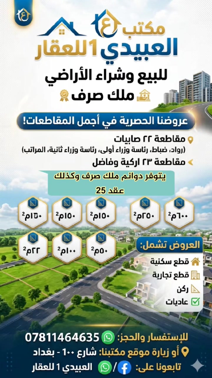 🏢 مكتب العبيدي 1 للعقارات 🏢
​خيارك الأول والأضمن في عالم العقار
​نعلن لزبائننا الكرام عن استمرارنا في بيع وشراء العقارات والأراضي وفقاً لأسعار السوق الحالية، مع ضمان المصداقية المطلقة والشفافية في التعامل.
​✨ العروض المتوفرة لدينا:
​📍 مقاطعة 22 صابيات (بكافة مسمياتها):
​قطع أراضي (الرواد - الضباط).
​قطع أراضي (رئاسة وزراء أولى - رئاسة وزراء ثانية).
​قطع أراضي (المراتب).
​📍 مقاطعة 23 (أركية وفاضل):
​مساحات مختلفة ومتنوعة تلبي جميع احتياجاتكم.
​🚜 الأراضي الزراعية:
​تتوفر لدينا دوانم (ملك صرف).
​تتوفر لدينا دوانم (عقد زراعي 25).
​💡 ميزتنا: مساحات مختلفة تناسب الجميع، وبأسعار تنافسية جداً في السوق العقاري.
​📞 للتواصل والاستفسار:
​📱 رقم الهاتف / واتساب: ***********
​🌐 صفحتنا على الفيسبوك: [ العبيدي 1 للعقار]
​📍 موقع المكتب: الصابيات - شارع 100.
​أهلاً وسهلاً بكم.. تشرفنا زيارتكم!
