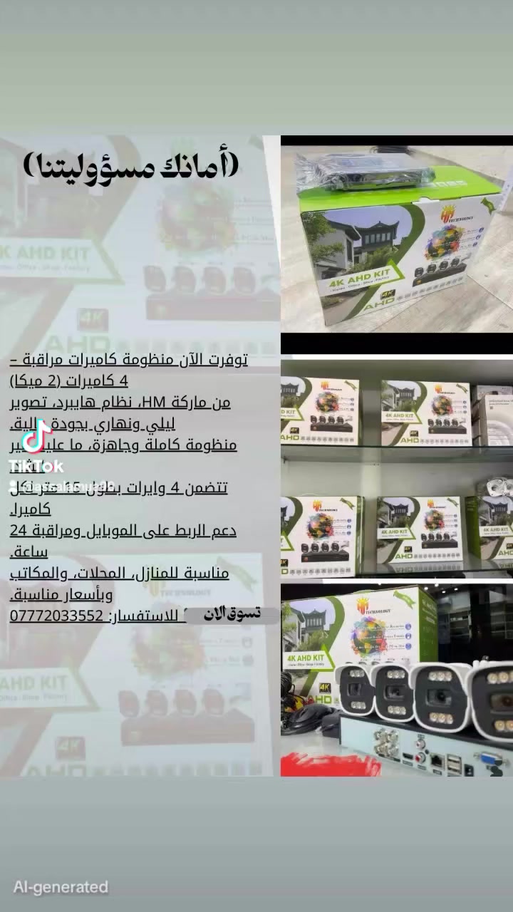 📢 عرض منظومة كاميرات مراقبة متكاملة وبمواصفات عالية

🔹 عدد 4 كاميرات مراقبة ماركة الاجدل بجودة تصوير عالية🔹 جهاز تسجيل XVR احترافي🔹 هارد تخزين يكفي تسجيل لمدة 15 يوم متواصل🔹 تصوير 24 ساعة بدون انقطاع (ليل ونهار)🔹 دعم المشاهدة والربط المباشر على الموبايل من أي مكان🔹 برنامج سهل الاستخدام والتحكم الكامل بالكاميرات🔹 ماوس تحكم مرفق مع المنظومة

🚚 توصيل متوفر إلى جميع محافظات العراق🛠️ خدمة التنصيب متوفرة داخل بغداد

للاستفسار والحجز راسلنا الآن 📞***********
