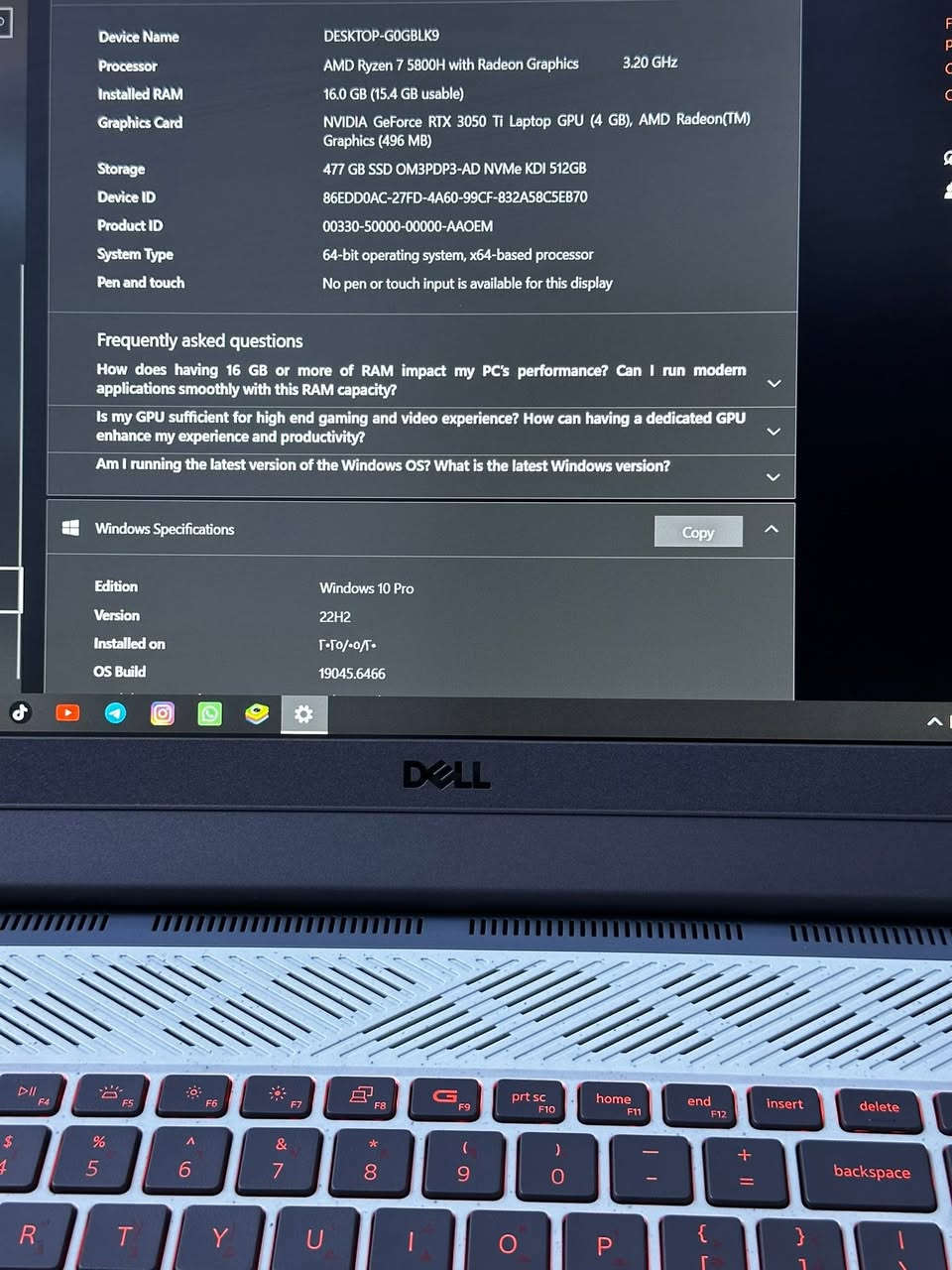 سلام عليكم
للبيع لابتوب Dell Gaming بحالة ممتازة جداً ونظيف جداً، استخدام شخصي.

المواصفات:
✅ AMD Ryzen 7 5800H

✅ NVIDIA RTX 3050 Ti 4GB

✅ RAM 16GB

✅ SSD NVMe 512GB

✅ شاشة 120Hz
✅ كيبورد بإضاءة خلفية

الجهاز ممتاز للألعاب، التصميم، الدراسة، والمونتاج.

السعر: مليون و50 الف قابل للتفاوض بالمعقول.

للاستفسار مراسلة خاص.


**إذا كنت صاحب هذا الإعلان وتريد حذفه لأي سبب، رجاءا أرسل رسالة إلى الدعم الفني**