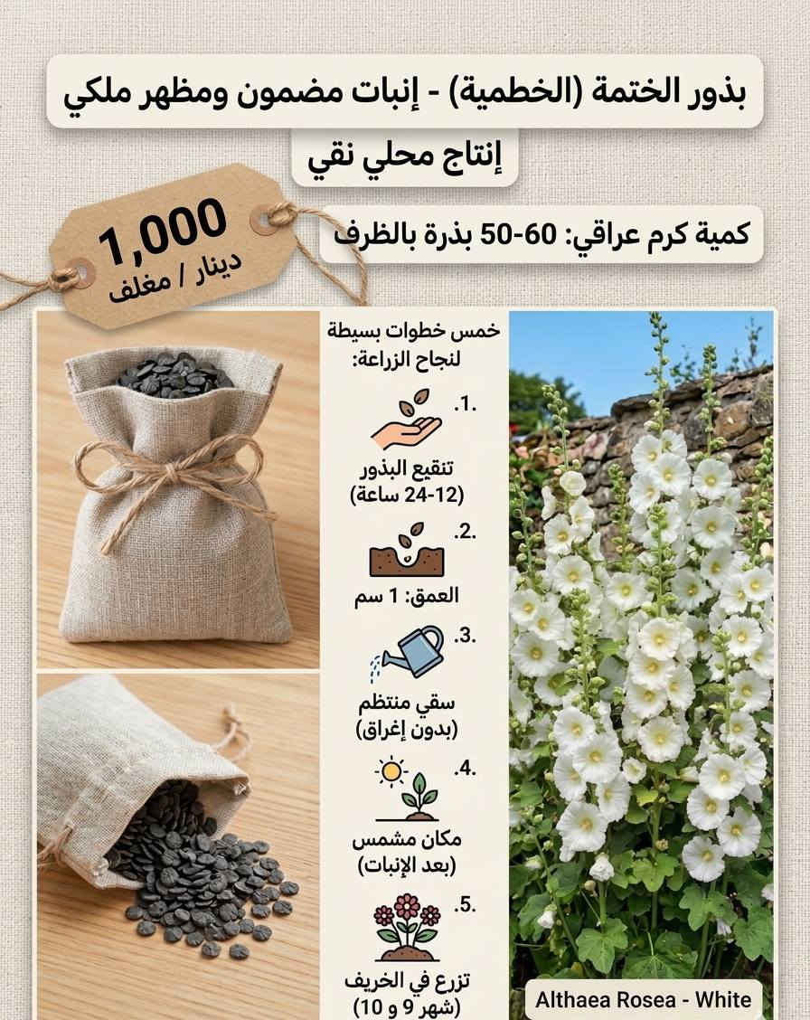 السلام عليكم
متوفر بذور الختمة اللون الأبيض تجميع اليوم
عدد البذور 60
سعر المغلف 1000 دينار والتوصيل 2000
يوصلك لباب البيت ب 3000
❗فقط لأهالي الكوت والمناطق القريبة عليها


**إذا كنت صاحب هذا الإعلان وتريد حذفه لأي سبب، رجاءا أرسل رسالة إلى الدعم الفني**