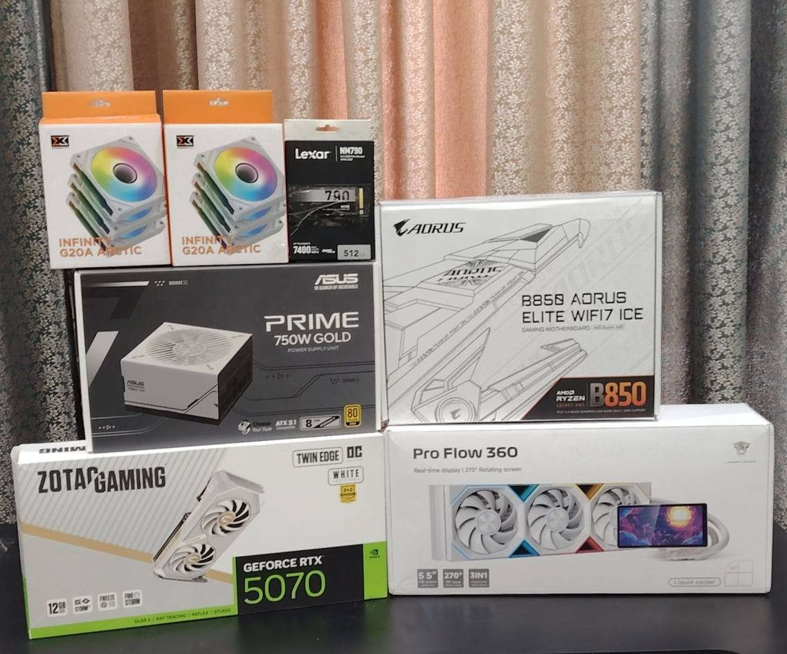 تجميعة مستعمل اقل شهر داخل ضمان السعر 2,550,000
CPU AMD R7 9800X3D 

 GPU RTX 5070 zotac with OC

 M.B B860 AORUS ELAIT WIFI 7 ICE 

RAM 16GB 6400HZ CORSAIR VENGEANCE RGB W Z36 XMP & EXPO

 POWER 750W ASUS PRIME WITH

M.2 LEXAR 512GB GEN4 7400hz

COOLER Jungle Leopard Proflow PF360 ARGB Liquid Cooler – White

CASE HYTE Y70 AXT DUAL CHAMBER STRAWBERRY MILK MID-TOWER

FAN CASE XIGMATEK INFINITY G20A TRIPLE FAN 120MMW WHITE X3

FAN CASE XIGMATEK INFINITY G20A TRIPLE FAN 120MMW WHITE X3

Windows 11 Pro Original Key

مكاني ناصرية رقمي *********** 
توصيل موجود
