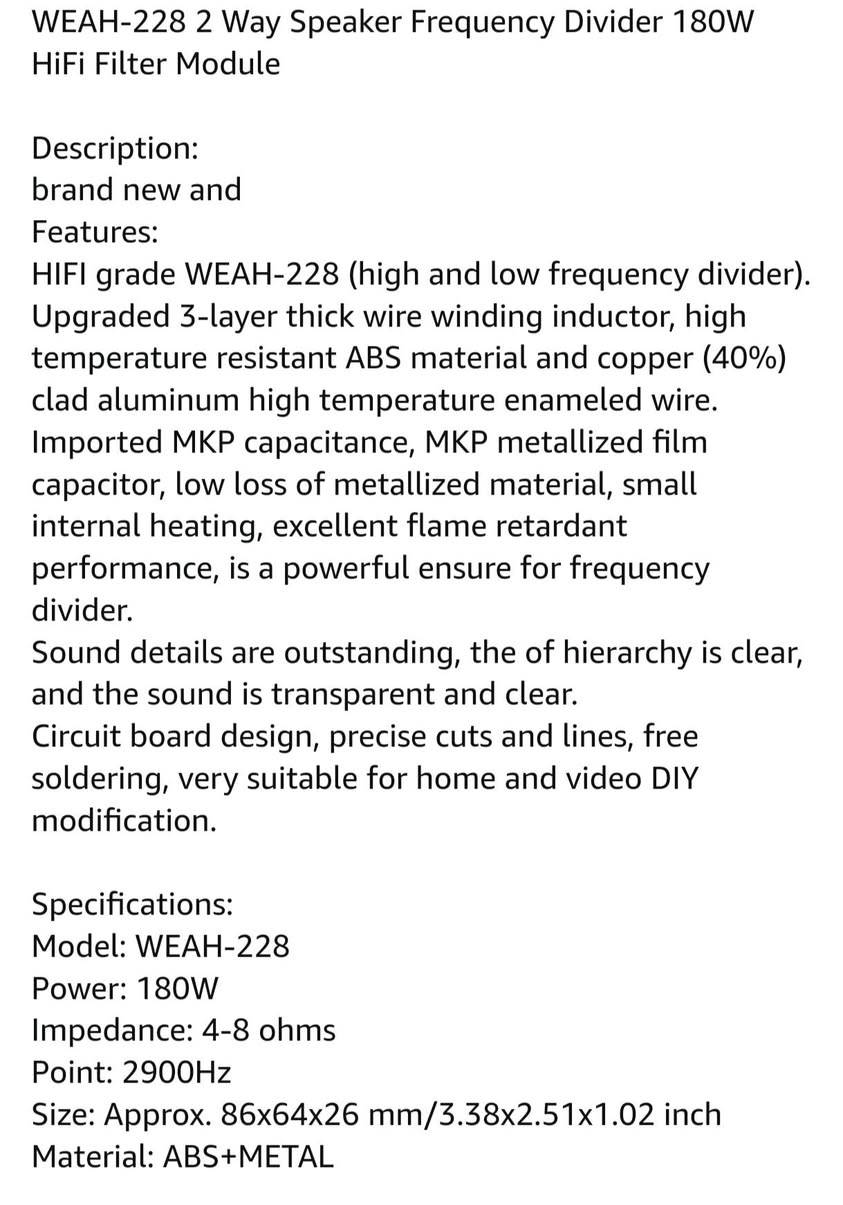 2 way crossover
مواصفات:
- ثنائي اتجهاه جديد مو مستعمل
- 180واط
- 4-8 اوم
- 2900 هرتز
- متوفر سبعة قطعة كل قطعة سعره 12 الف ، توصيل متوفر


**إذا كنت صاحب هذا الإعلان وتريد حذفه لأي سبب، رجاءا أرسل رسالة إلى الدعم الفني**
