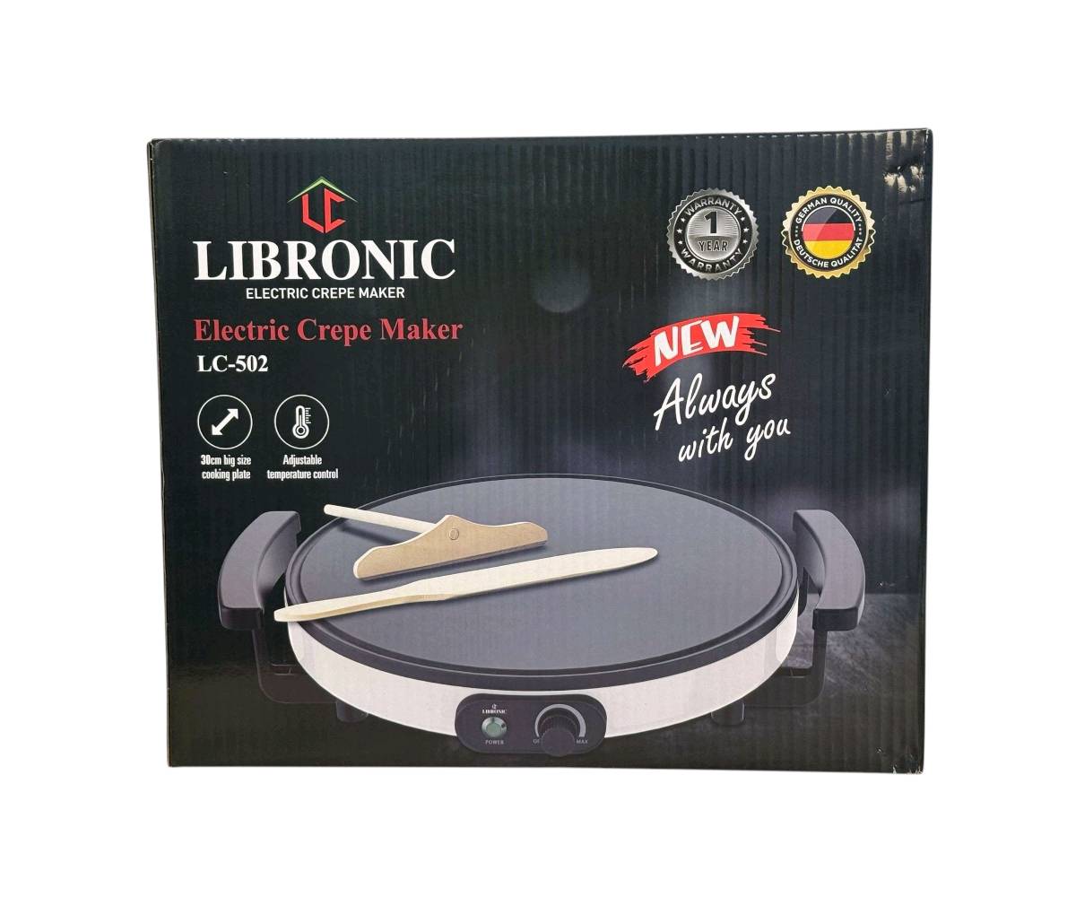 ماكينة كريب كهربائية جديدة من ليبرونيك، الموديل LC-502. تتميز بصفيحة طبخ كبيرة بحجم 30 سم مع تحكم قابل للتعديل في درجة الحرارة، مما يجعلها مثالية لصنع الكريب بسهولة. المنتج مضمون لمدة سنة واحدة ويأتي مع أدوات خشبية للمساعدة في التحضير. السعر 40 ألف مع توصيل مجاني.