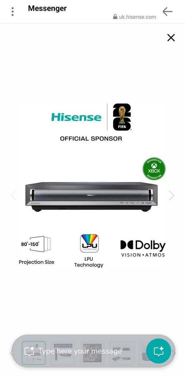 هايسنس px3 tuk الغني عن التعريف 
مواصفاتها 
بروجكتر ليزر فائق القصر (Ultra Short Throw - UST).
دقة العرض: 4K UHD حقيقية (3840×2160).
مصدر الإضاءة: TriChroma RGB Triple Laser (ليزر أحمر + أخضر + أزرق).
السطوع: 3000 ANSI Lumens.
عمر الليزر: حتى 25,000 ساعة.
نسبة الرمي: 0.22:1.
حجم الصورة: من 80 إلى 150 بوصة.
التباين الأصلي: 3000:1.
تغطية الألوان: 110% من معيار BT.2020.
عدد الألوان: أكثر من 1.07 مليار لون.
HDR: يدعم HDR10 وHDR10+ وHLG وDolby Vision.
معالجة الحركة: MEMC.
السعر مليون و900 وبيه مجال


**إذا كنت صاحب هذا الإعلان وتريد حذفه لأي سبب، رجاءا أرسل رسالة إلى الدعم الفني**