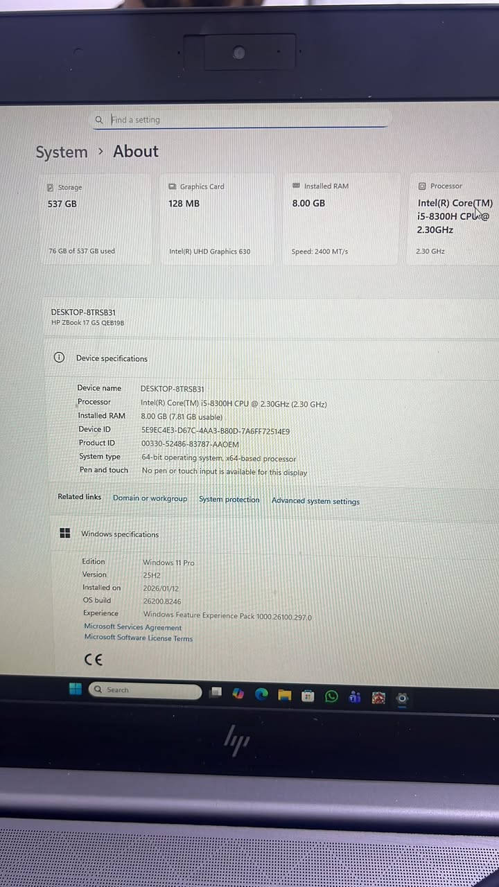 � للبيع لابتوب HP ZBook 17 G5 🔹

* المعالج: Intel Core i5-8300H
* الرام: 8GB
* التخزين: 512GB SSD
* الشاشة: 17 إنج
* النظام: Windows 11 Pro
* الجهاز نظيف ويعمل بكفاءة عالية
* مناسب للدراسة، الدوام، التصفح، والأعمال المكتبية

💰 السعر: 450 بغداد ***********
